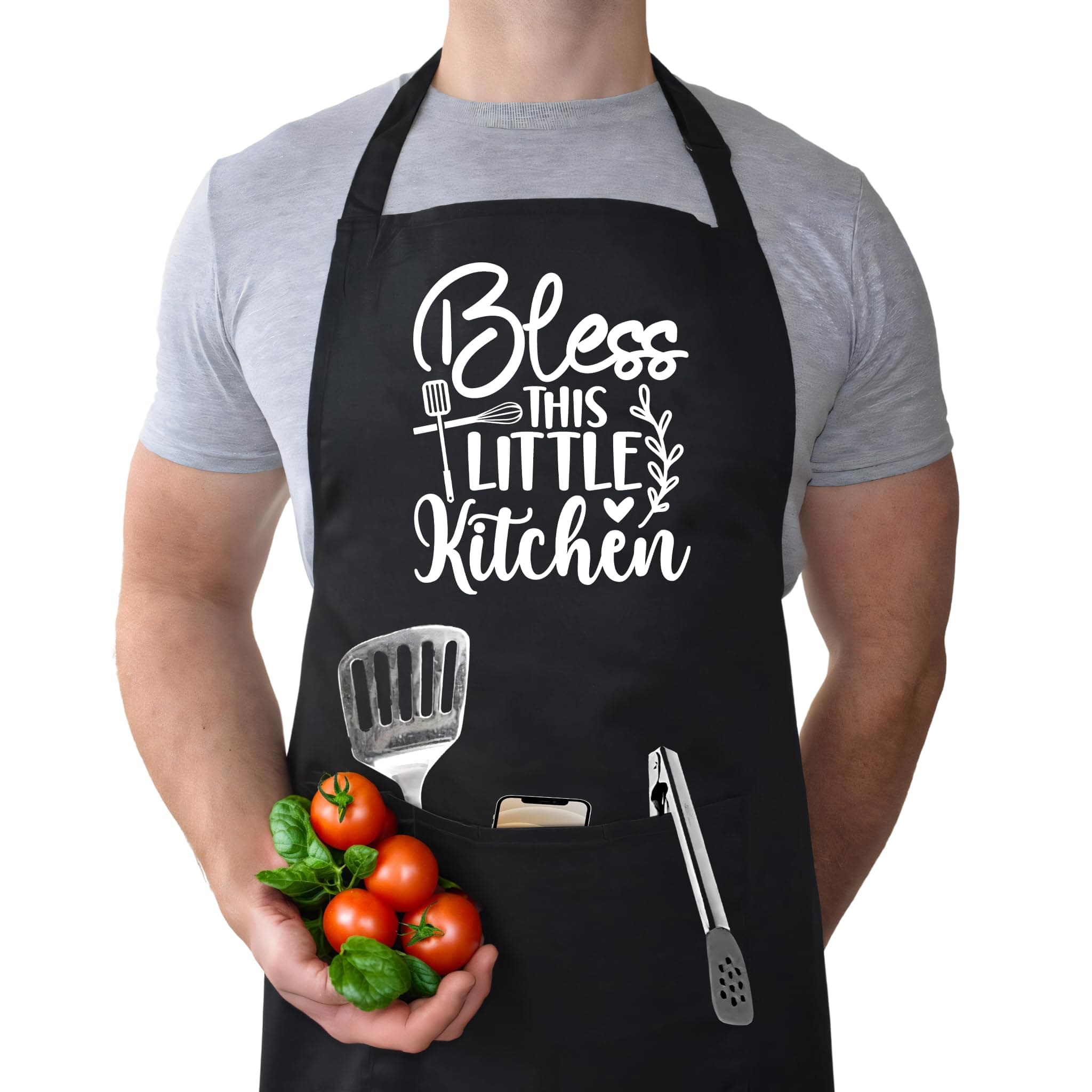 Apron for Men, Grill King Chef, Kitchen Cooking Gear, Best Dad Gifts for Father's Day, Birthday Gifts for Dad, Funny Fathers Day Presents, Cool Gifts for Dads with Pockets-Bless this little kitchen