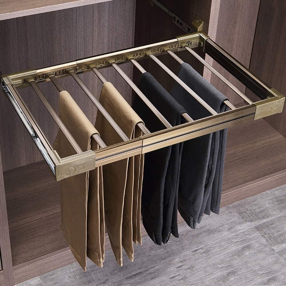 MANG Trousers Hanger Rack Pull Out Wardrobe Storage Organiser Rail Telescopic Pants Rack Space Saving Pants Hangers For 7/11/15 Pairs