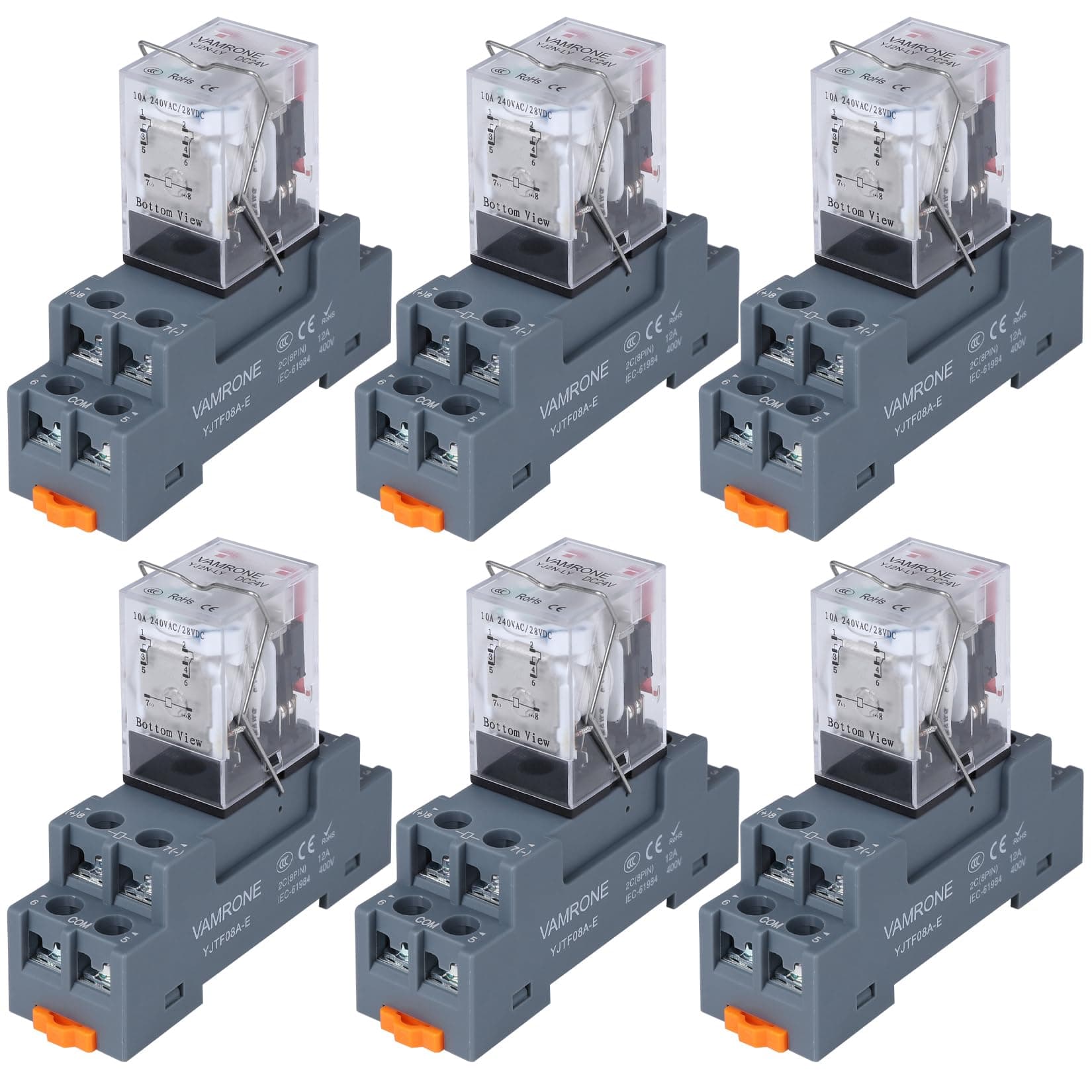 6PCS Electromagnetic Power Relay, 8-Pin 10A 24 DC Relay Coil with Socket Base, LED Indicator, DPDT 2NO 2NC - MY2NJ [Applicable for DIN Rail System]