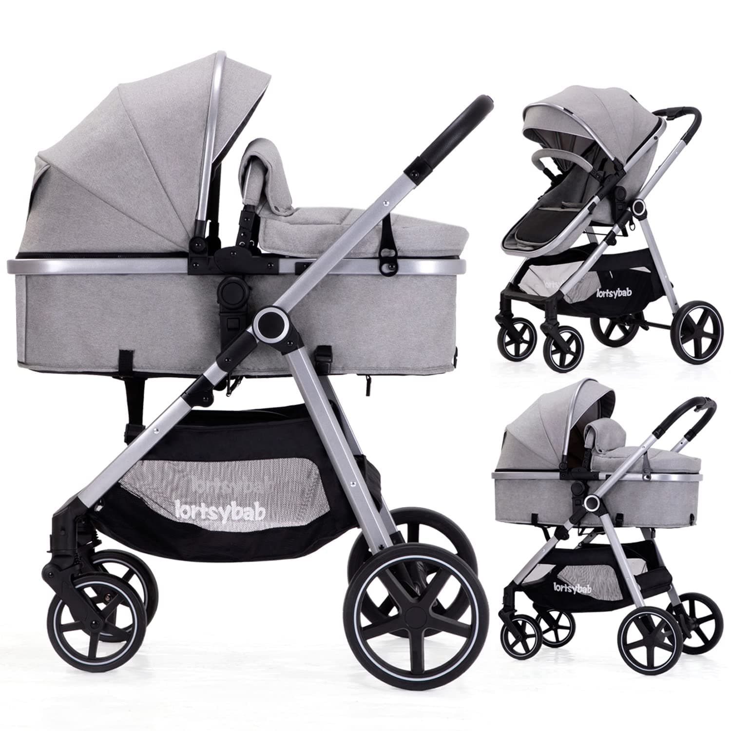 Lortsybab 2-in-1 Baby Stroller - Folding Infant Newborn Pram Stroller with Reversible Seat - Toddler Strollers for 0-36 Months Old Babies (Grey)