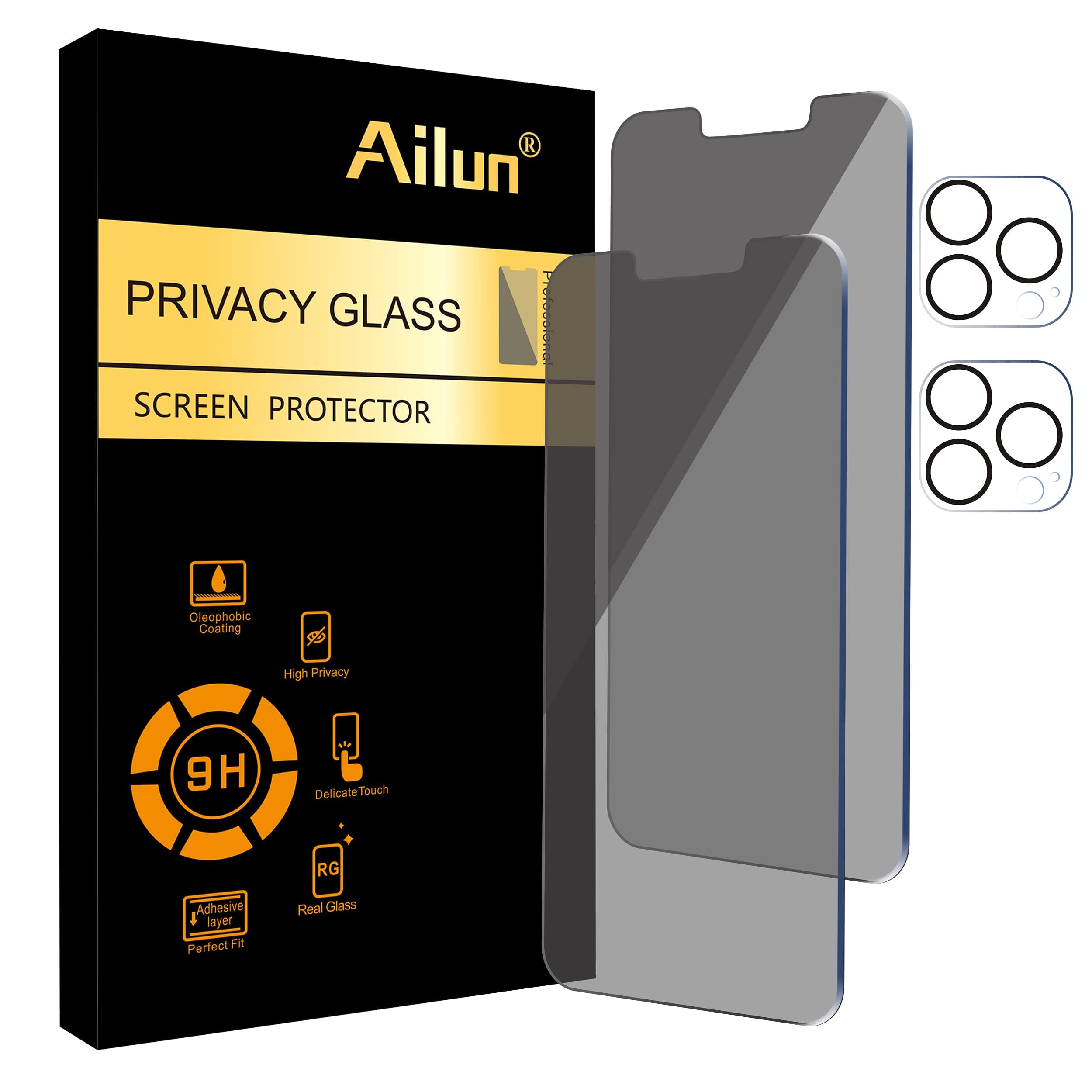 Ailun Privacy Screen Protector for iPhone 13 Pro [6.1" Display] 2 Pack + 2 Pack Camera Lens Protector Anti-Spy Private Tempered Glass Film [9H Hardness] - HD [4 Pack]