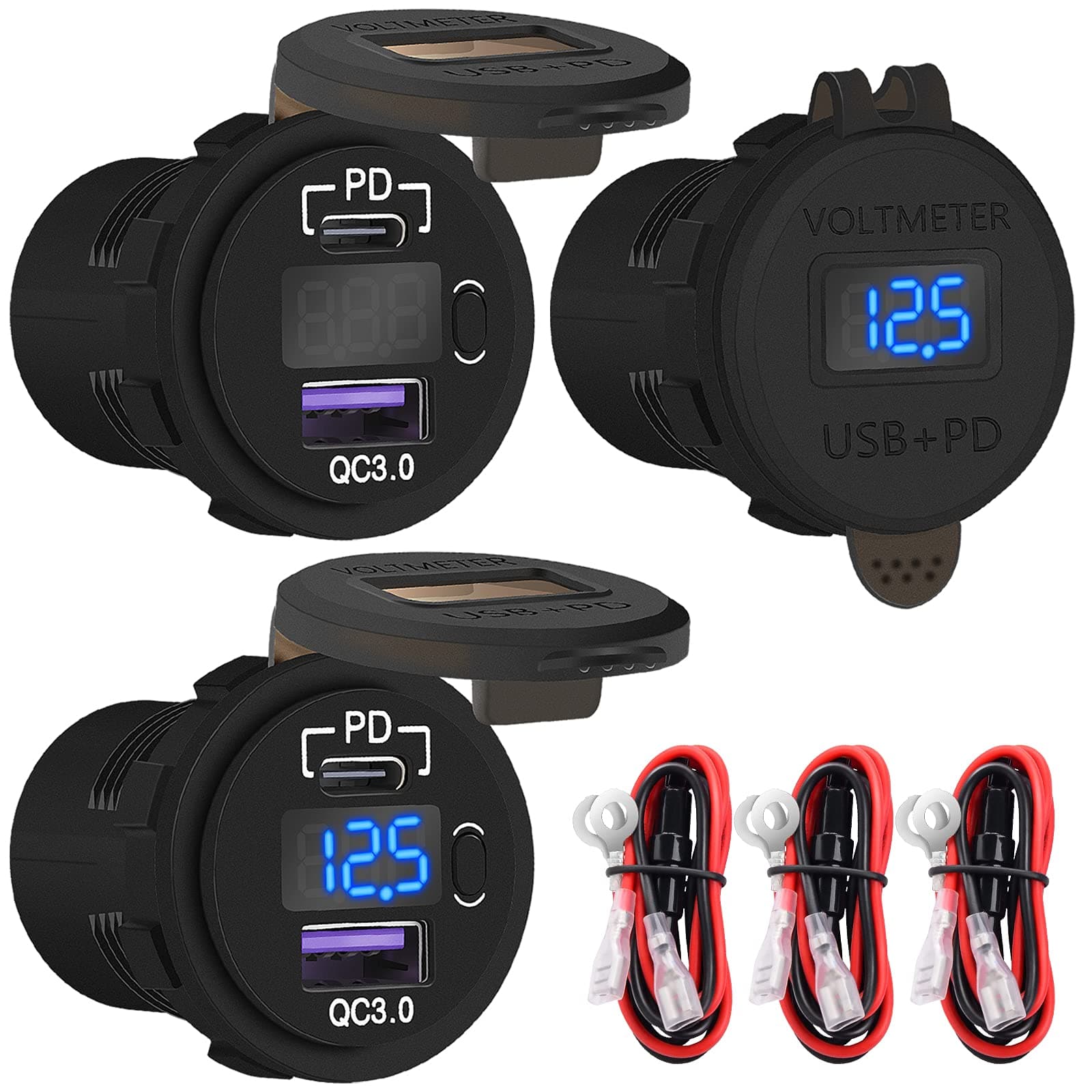 DaierTek 12V USB C Car Charger Socket, 12V USB Outlet, 48W PD Type C & QC 3.0 12 Volt Dual USB Charging Port Waterproof with Voltmeter & ON/Off Switch for Car Marine Boat Golf Cart -3Pack(Black)