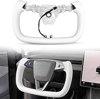 Model Y Juniper Yoke Steering Wheel 2026 2025, Nappa Leather Steering Wheel for Tesla Model Y Juniper 2026 Accessories With Heating Function No Front Trim(White Perforated, All White)