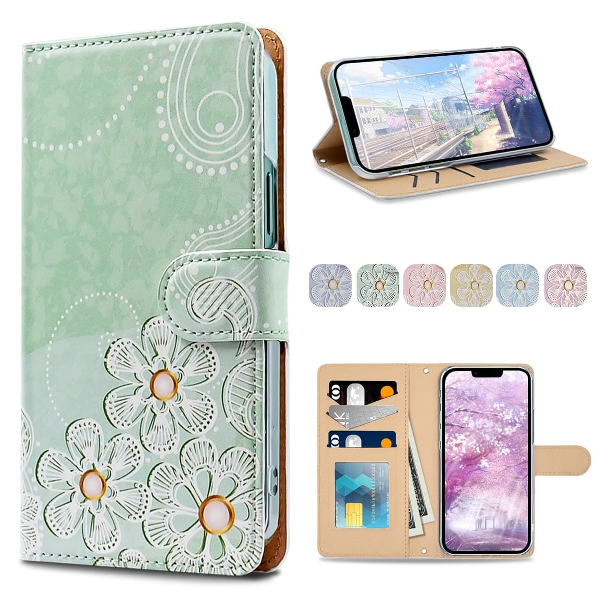 iitrustFlip Case for Aquos Sense6 SH-54B, Stand Function, Camera Hole, Magnetic Hands, Synthetic Leather, Green, Flowers