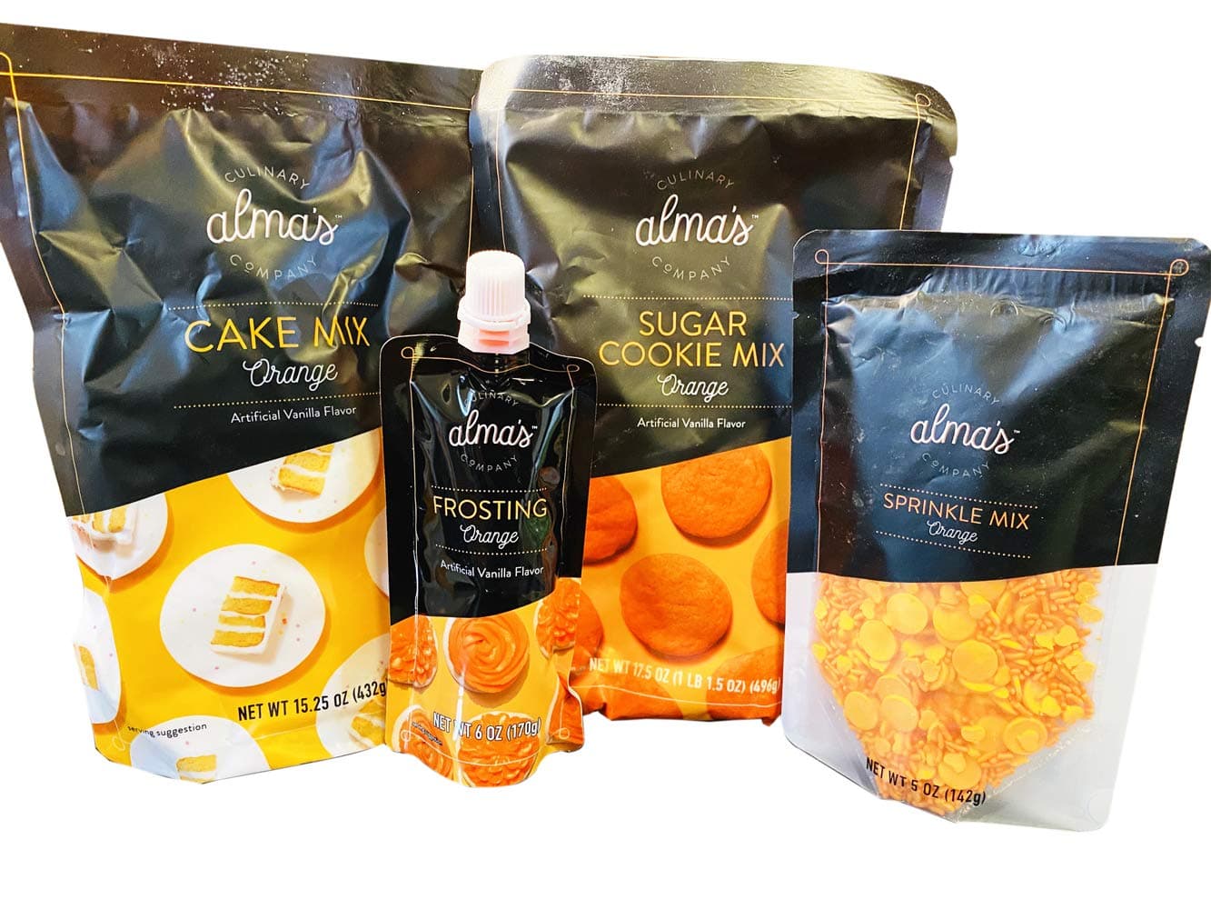 Alma's Culinary Company Orange Baking Mix Set! Includes Sugar Cookie Mix, Cake Mix, Frosting & Sprinkles! Perfect For Your Homemade Cake And Cookie Treat! Choose Your Flavor! (Orange)