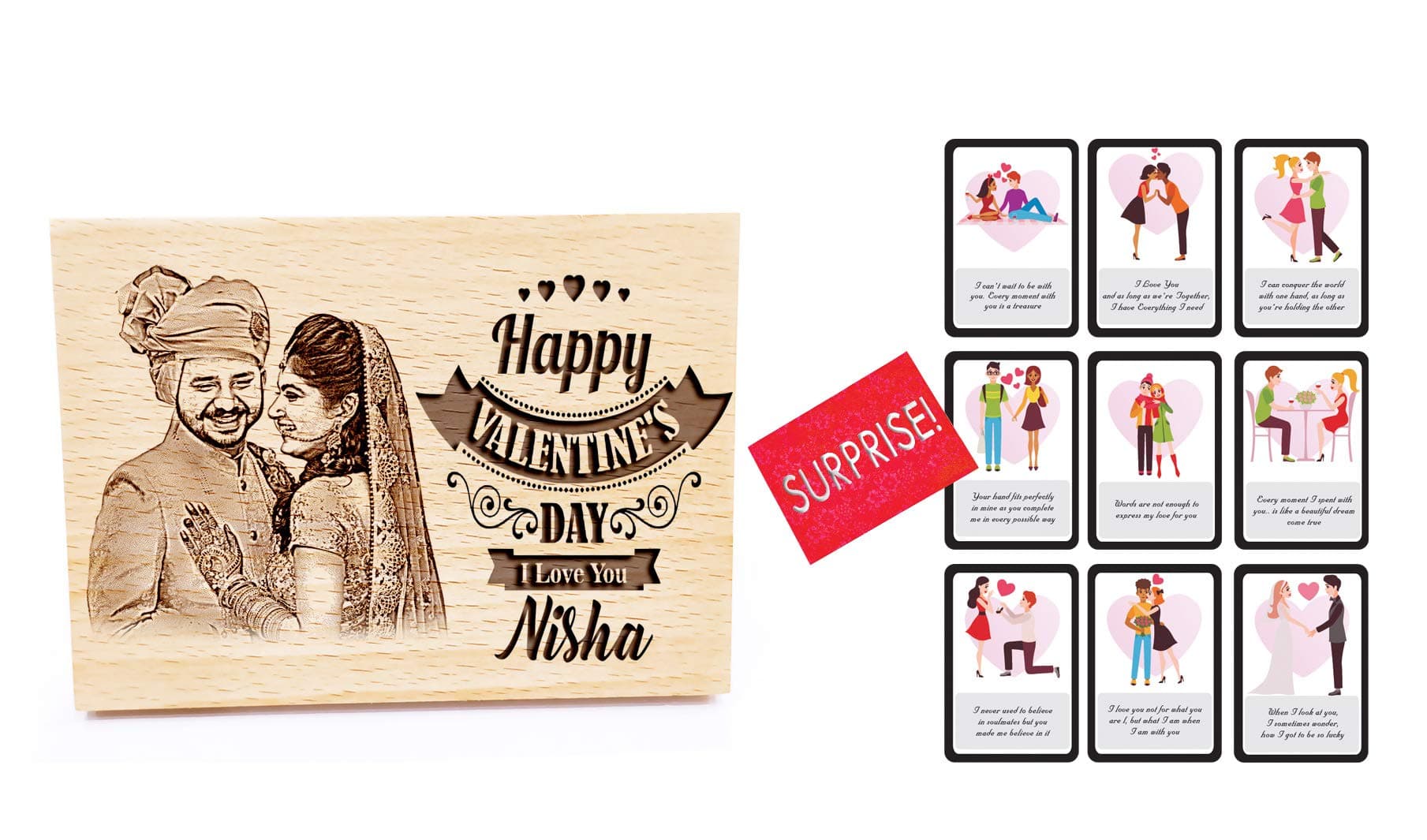 GFTBX Vday Combo Valentine Gift for Him or Her - Personalized Engraved Wood Photo Frame with Printed Set of 9 Love Cards | Valentine Gift for Husband Special or Wife or Couples (Wood-12x10cm)