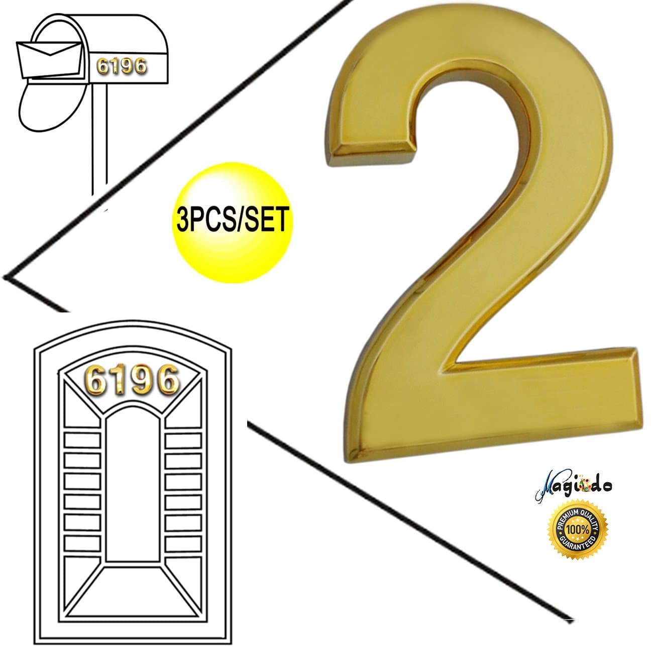 Magicdo® 3/pack 2 Inch Golden Modern House Numbers, Modern Mailbox Number Sticker, 3D Shining Reflective Number, Self-Stick Number, Floating Appearance Number, House Number Signs (2)