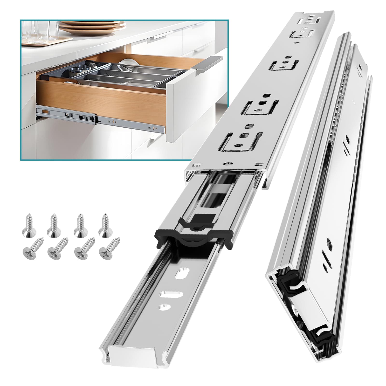 AOLISHENG 1 Pair Full Extension Drawer Slides Rail 8 10 12 14 16 18 20 22 24 Inch 100 LB Load Capacity Side Mount Ball Bearing Metal Dresser Runner File Cabinet Trash Can Slider Kitchen Glide Silver