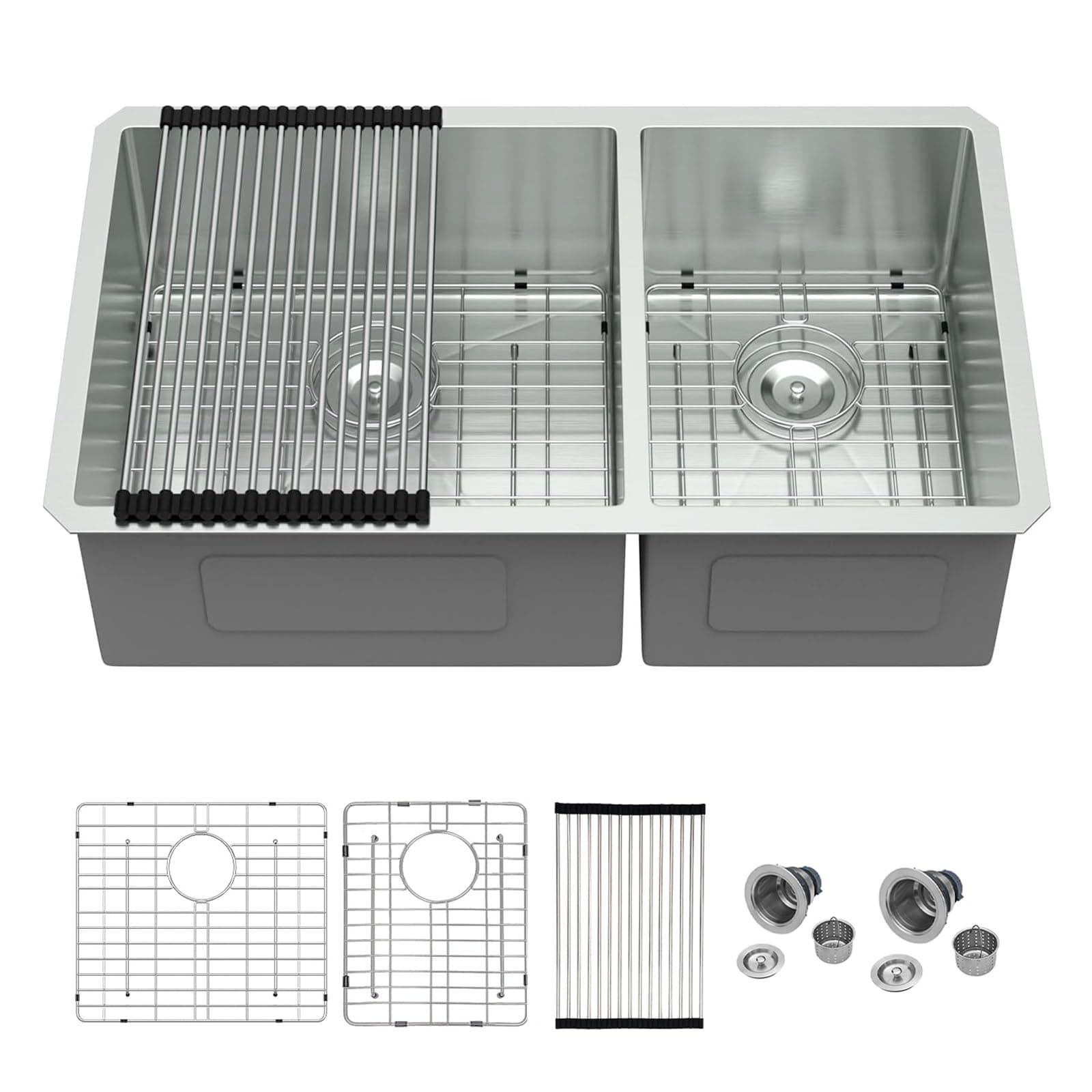 33 Inch Undermount Kitchen Sink Double Bowl - 60/40 Stainless Steel Double Bowl Under Counter 16 Gauge Kitchen Sinks Handmade, 33x19x10 Inch