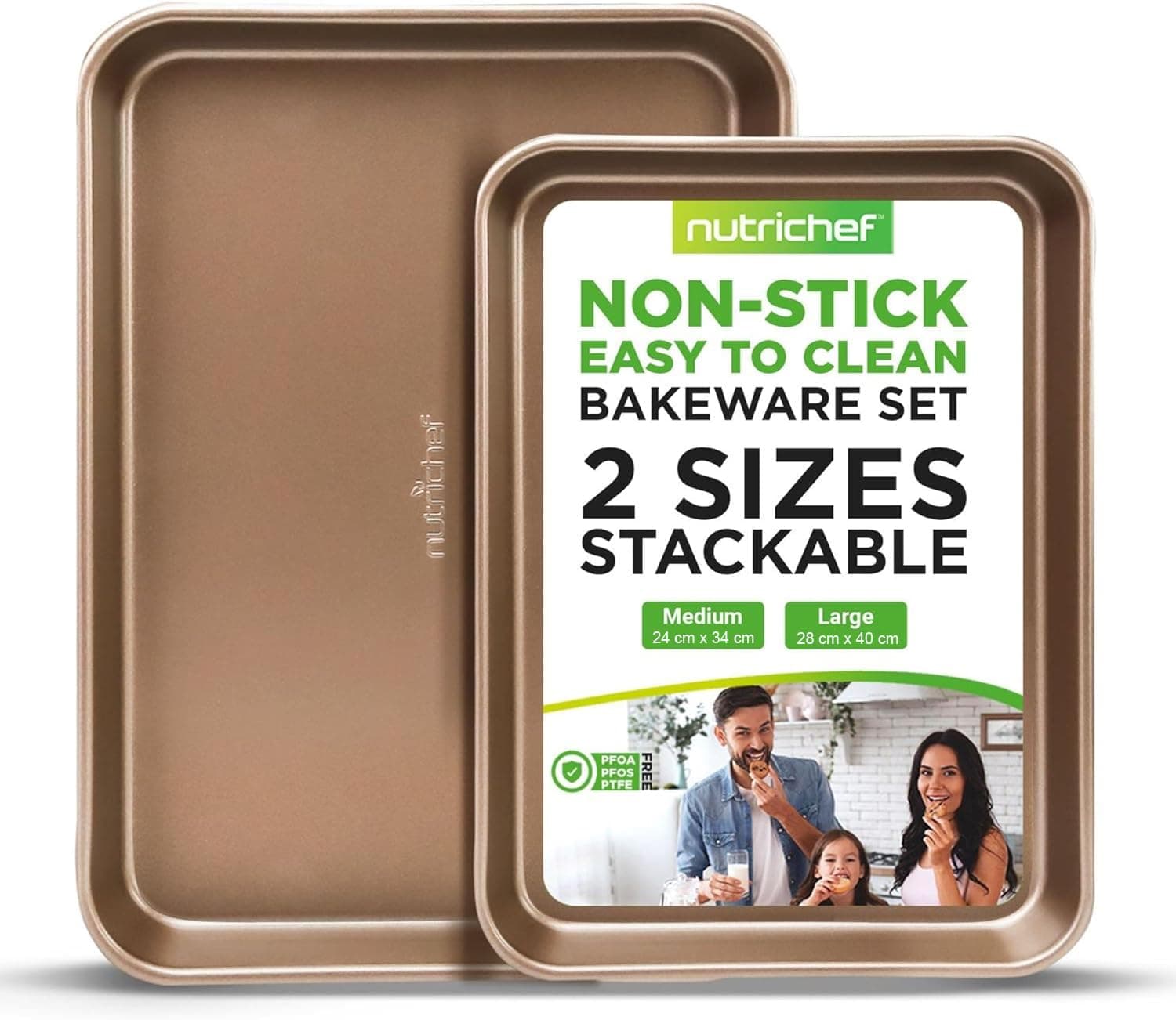 NutriChef Non-Stick Cookie Tray Set- 2-Piece, Easy Clean, Stackable Cookie Sheets, Dishwasher Safe, Oven Safe, PFOA Free, Non-Toxic Bakeware, Perfect for Baking & Roasting- Gold