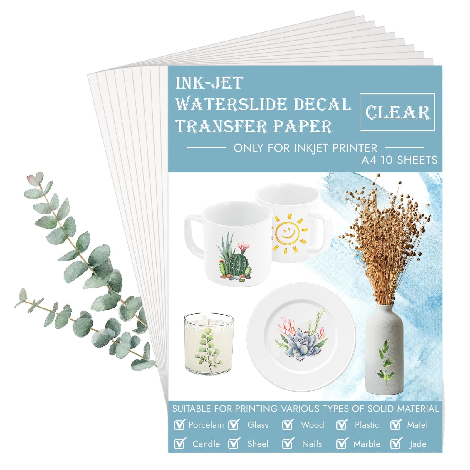 10 Sheets Waterslide Decal Paper, Decal Paper for INKJET Printer, Water Slide Paper Clear Printable Waterslide Paper for DIY Tumbler, Mug, Nail Crafts, Candles Crafts