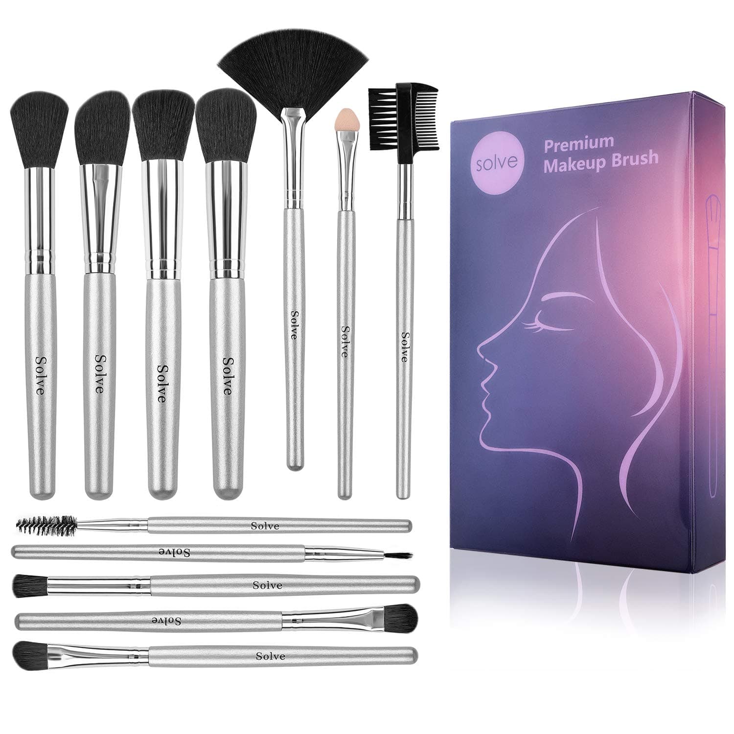 Makeup Brushes, SOLVE 12pcs Makeup Brush Set Premium Synthetic Silver Foundation Concealer Blending Eye Shadows Face Make up Brush Sets with Box