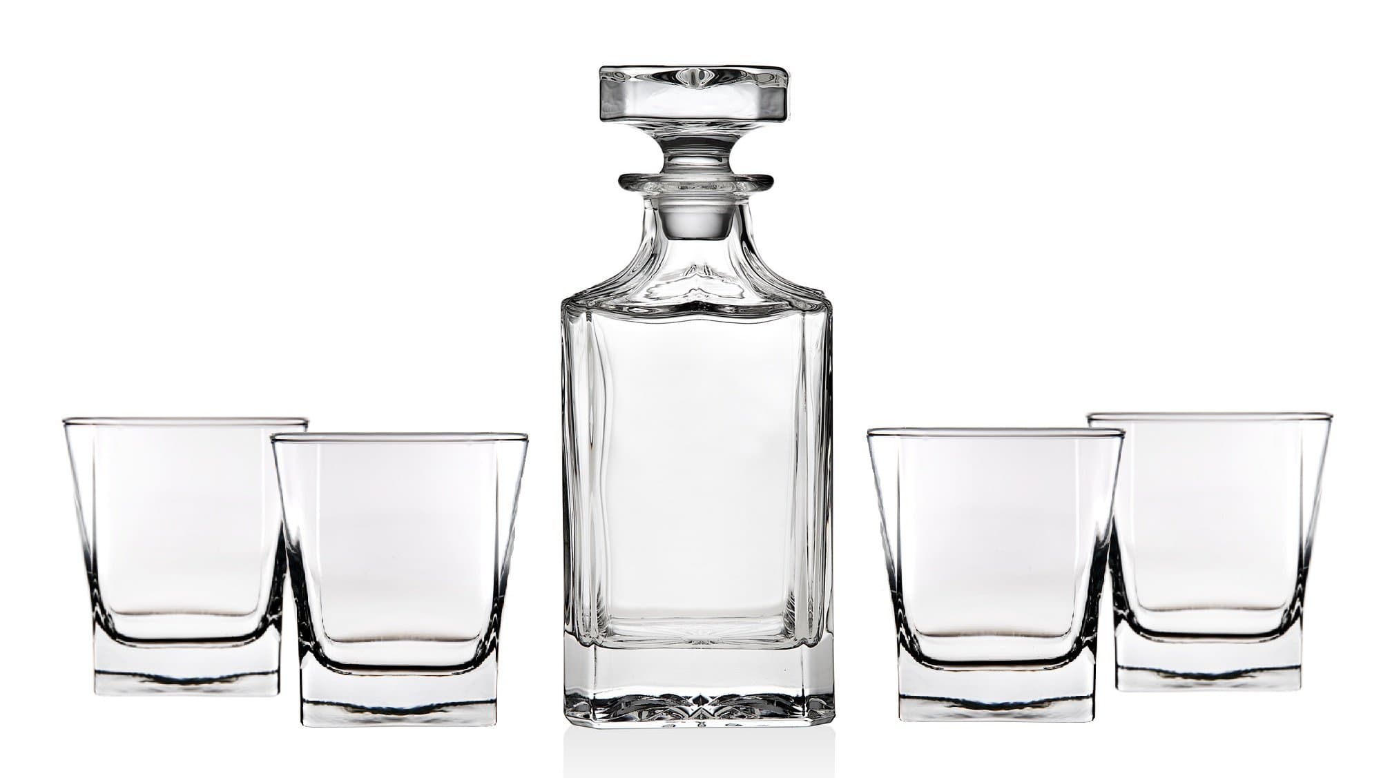 Trinkware Norwalk Whiskey Glass Set - 5 Piece Home Bar - Includes Decanter And 4 Dof Rock Tumblers - 24oz Wine Decanter Capacity, 10 Oz. Glass Capacity