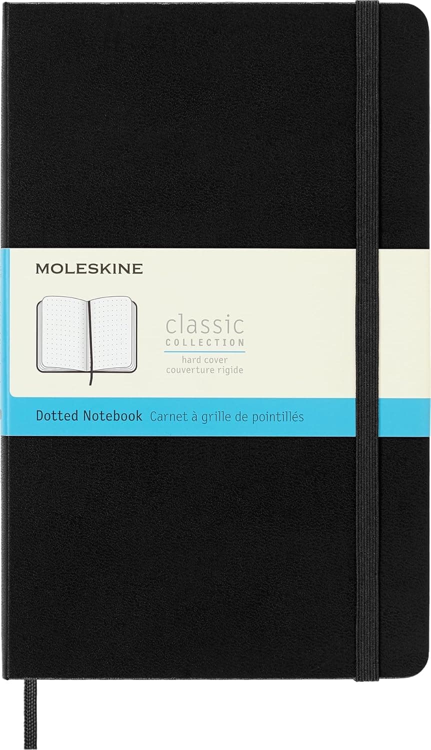 Classic Notebook, Notebook With Dotted Pages, Hard Cover and Elastic Closure, Black, Large, 13 x 21 cm, 240 Pages