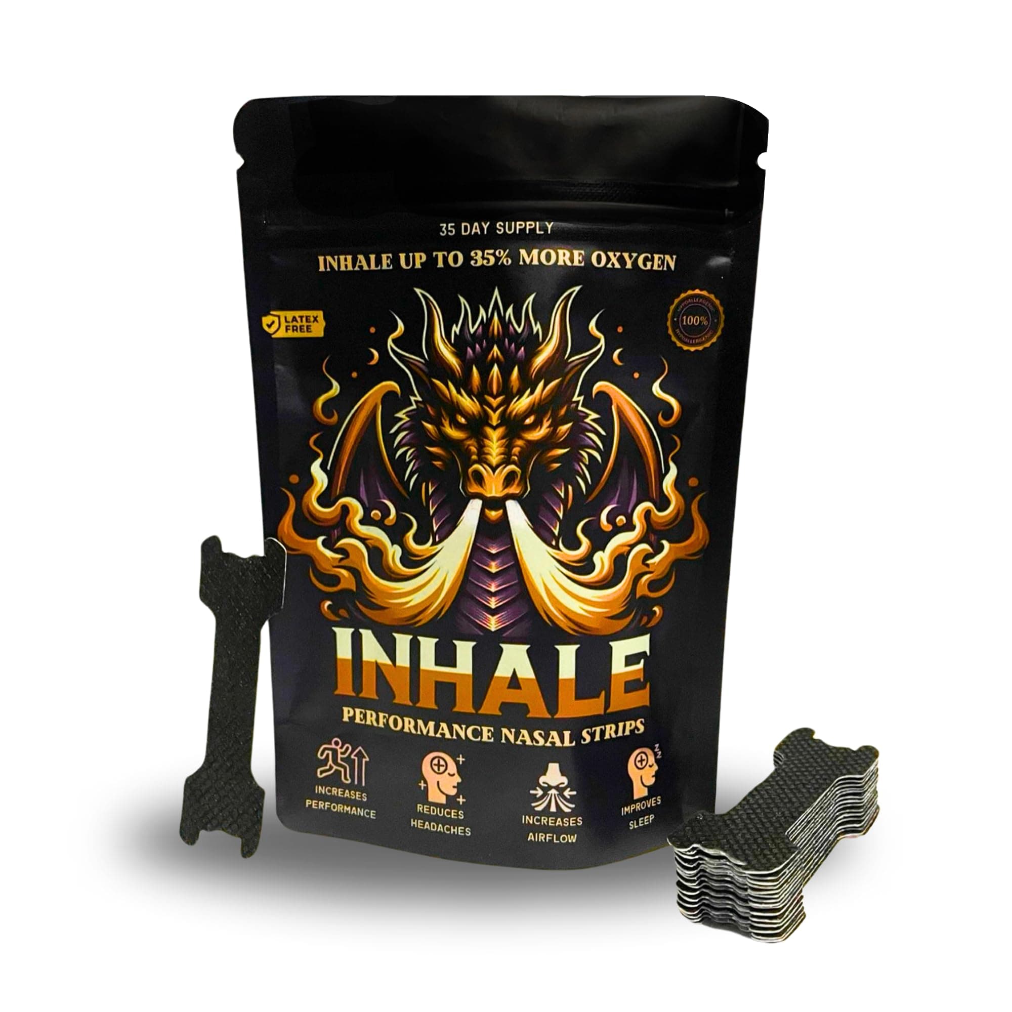 Inhale Performance Nasal Strips (35 Ct) for Athletic Performance, Snoring Relief & Better Sleep - Sweat & Oil Proof Adhesive - Black, Sleek Universal Fit, Extra Strength - Hypoallergenic & Latex Free