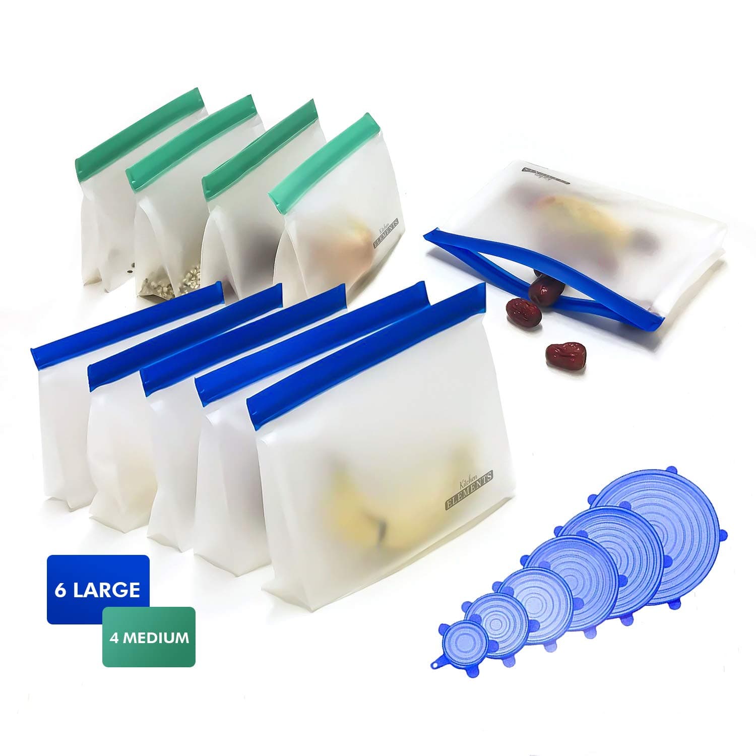 [10 Set] Premium Reusable Food Storage Bags | [6 Large + 4 Medium + Free Set of Silicone Stretch Lids] | Freezer Safe | Airtight & Leak-Proof | for Sandwiches, Snacks & More