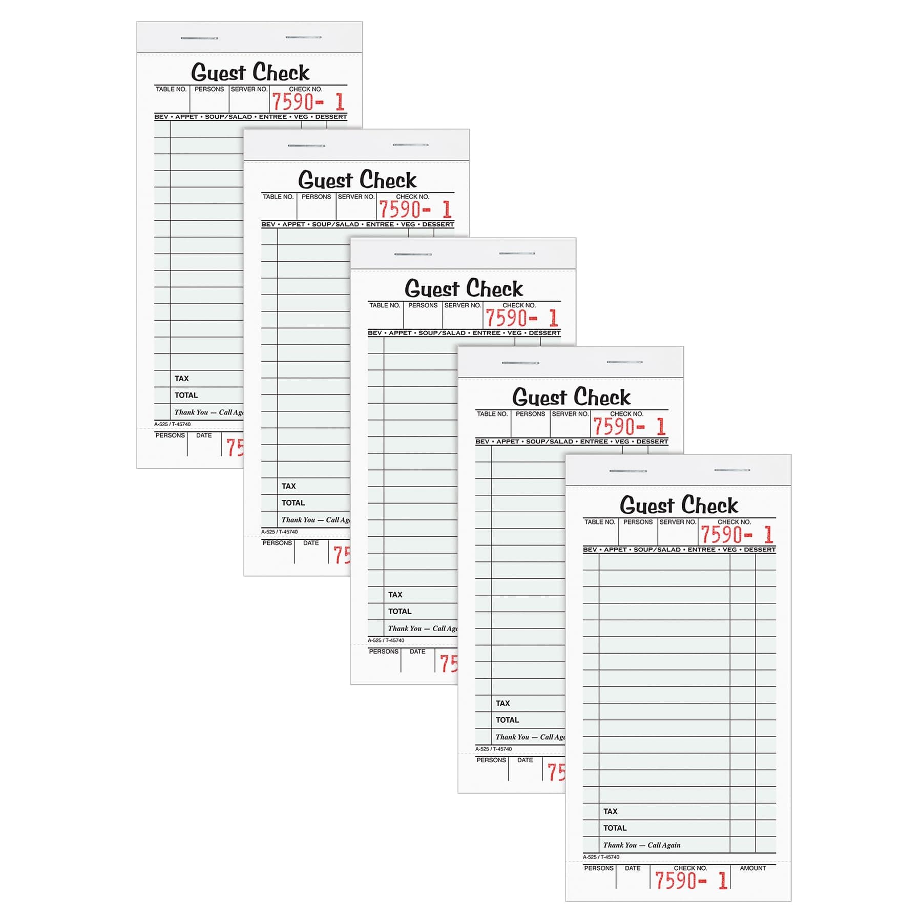 Adams Guest Check Pads, Single Part, Perforated, White, 3-2/5" x 6-3/4 ", 50 Sheets/Pad, 5 Pads/Pack (525SWMT)