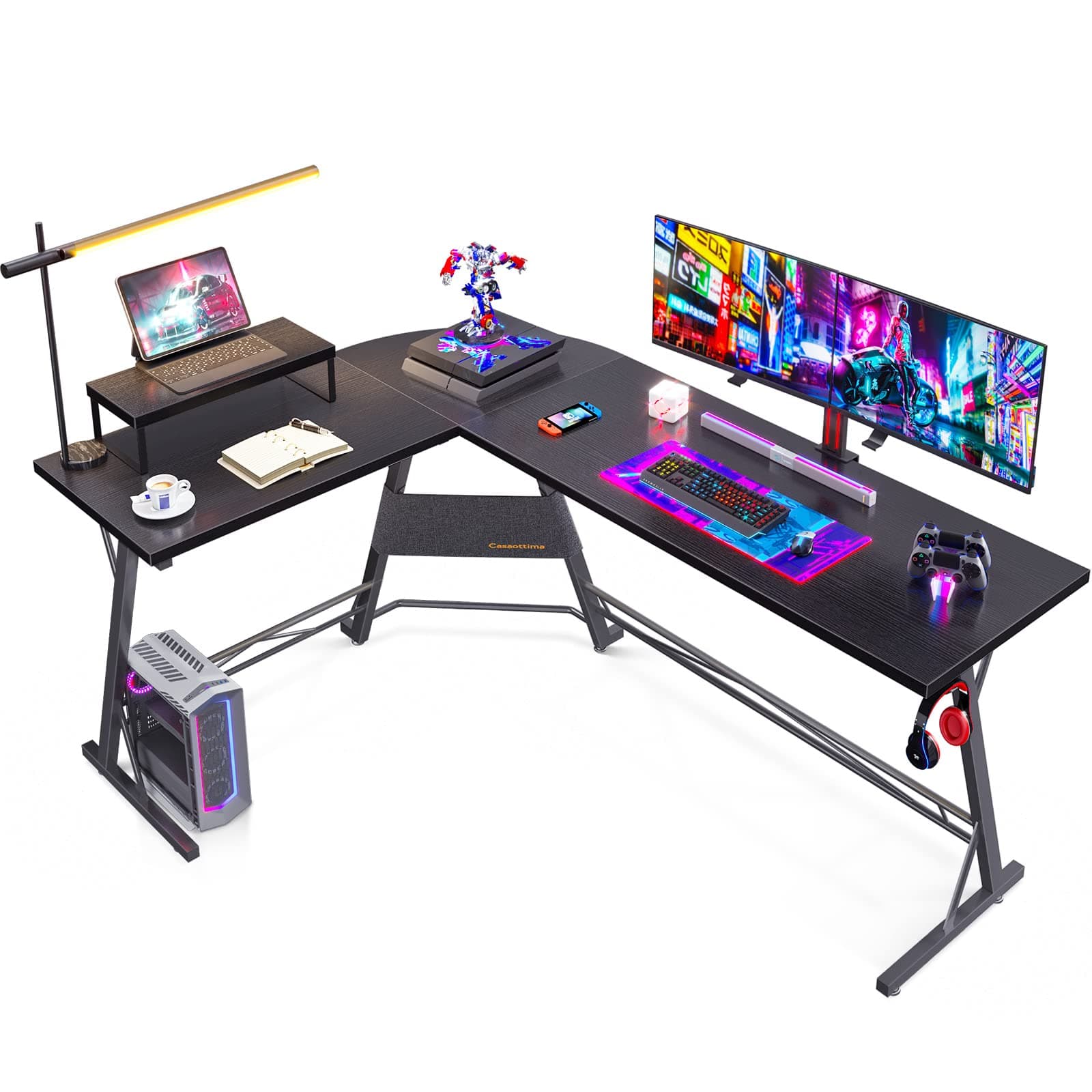 Gaming Desk L Shaped Computer Desk, Corner Desk for Home Office with Monitor Stand 66", Black