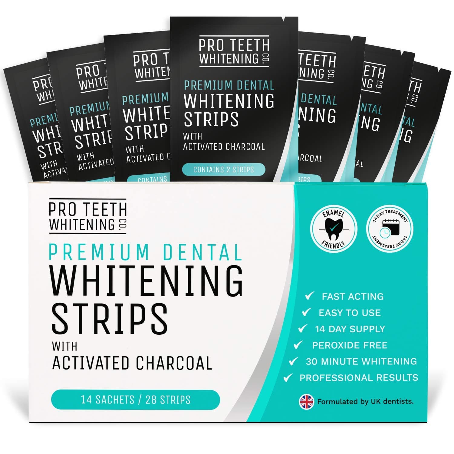 Premium Teeth Whitening Strips with Activated Charcoal - Enamel Safe - Peroxide & Bleach Free - 3D White Results - 28 Tooth Whitening Strips Kit - Formulated by UK Dentists for Pro Teeth Whitening Co.