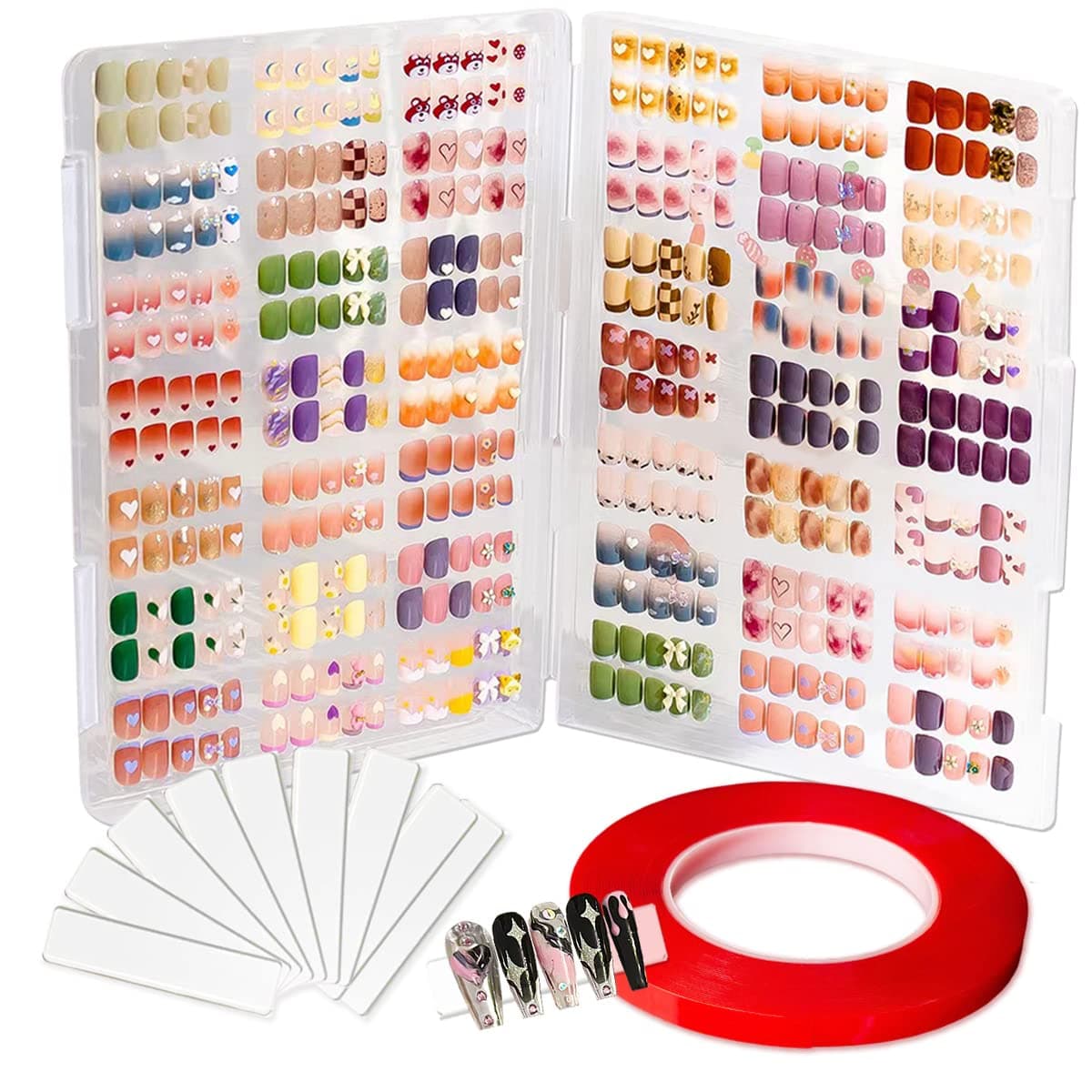 Large Clear Press on Nails Storage Box, Empty Press on Nails Packaging Box Set with 10m Double-sided Adhesive Tape and 50 Arcylic Nail Display Stand Can Be Used to Store and Store Personal Items