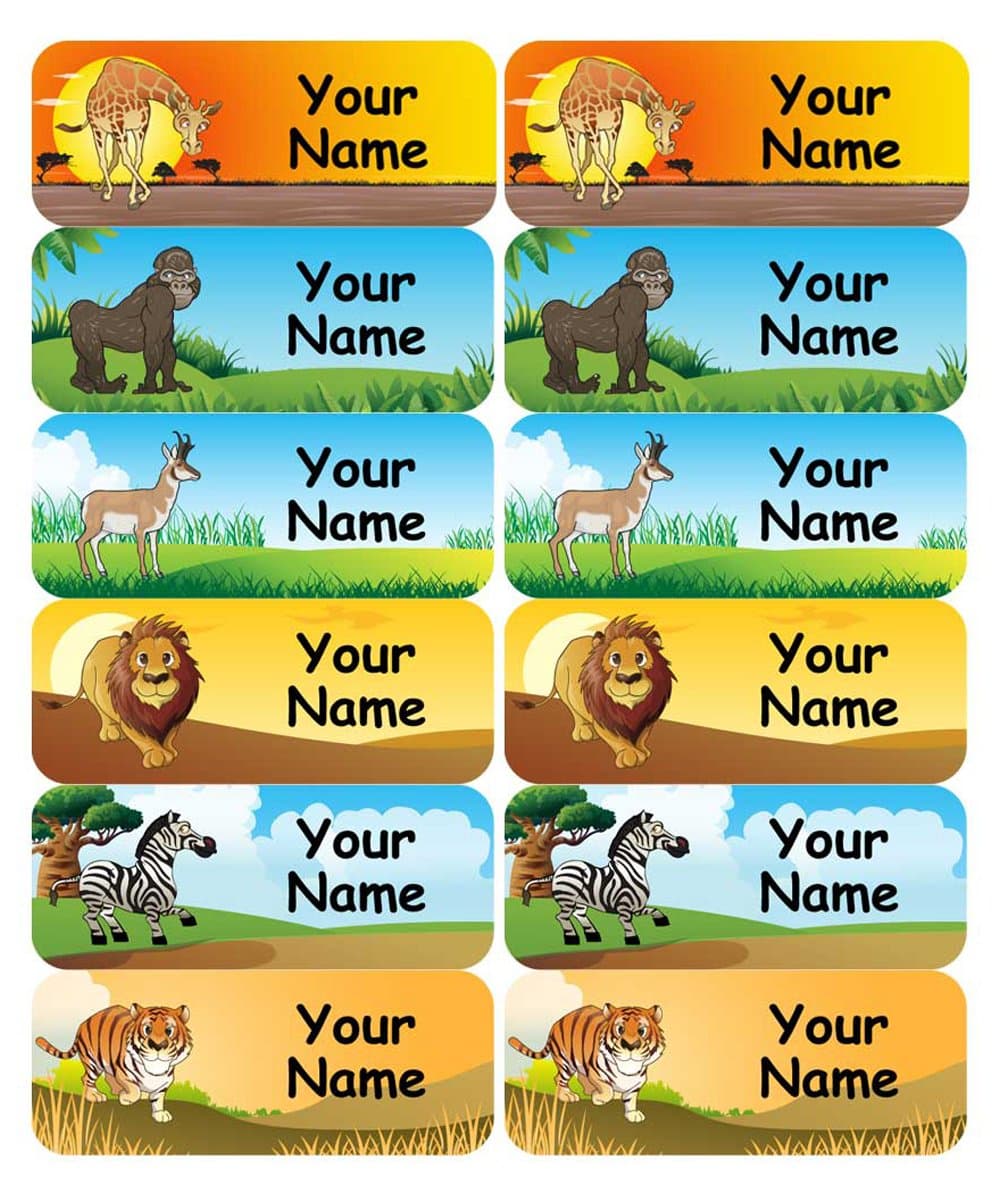 48 Personalised, Waterproof Medium Stick on Name Labels for kids (50x20mm) - Animal Design - Ideal for School items - Water Bottles, Snack Boxes, Sports Gear, Musical Instruments etc. NOT suitable for Clothes.