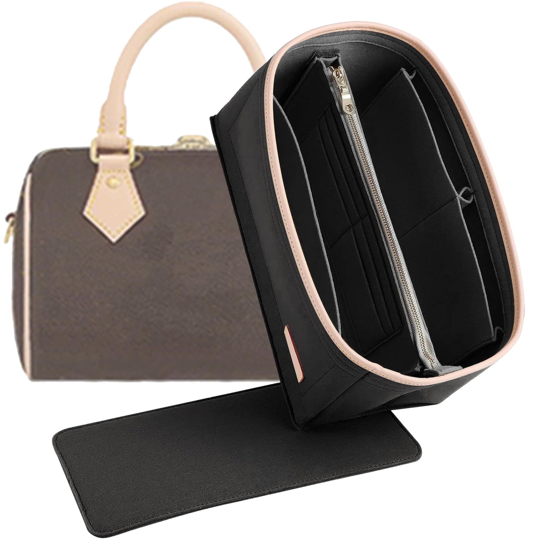 Doxo Purse Organizer Insert & Base Shaper 2pc Set, Felt Handbag Bag Fit LV Speedy Neverfull (L-Black)