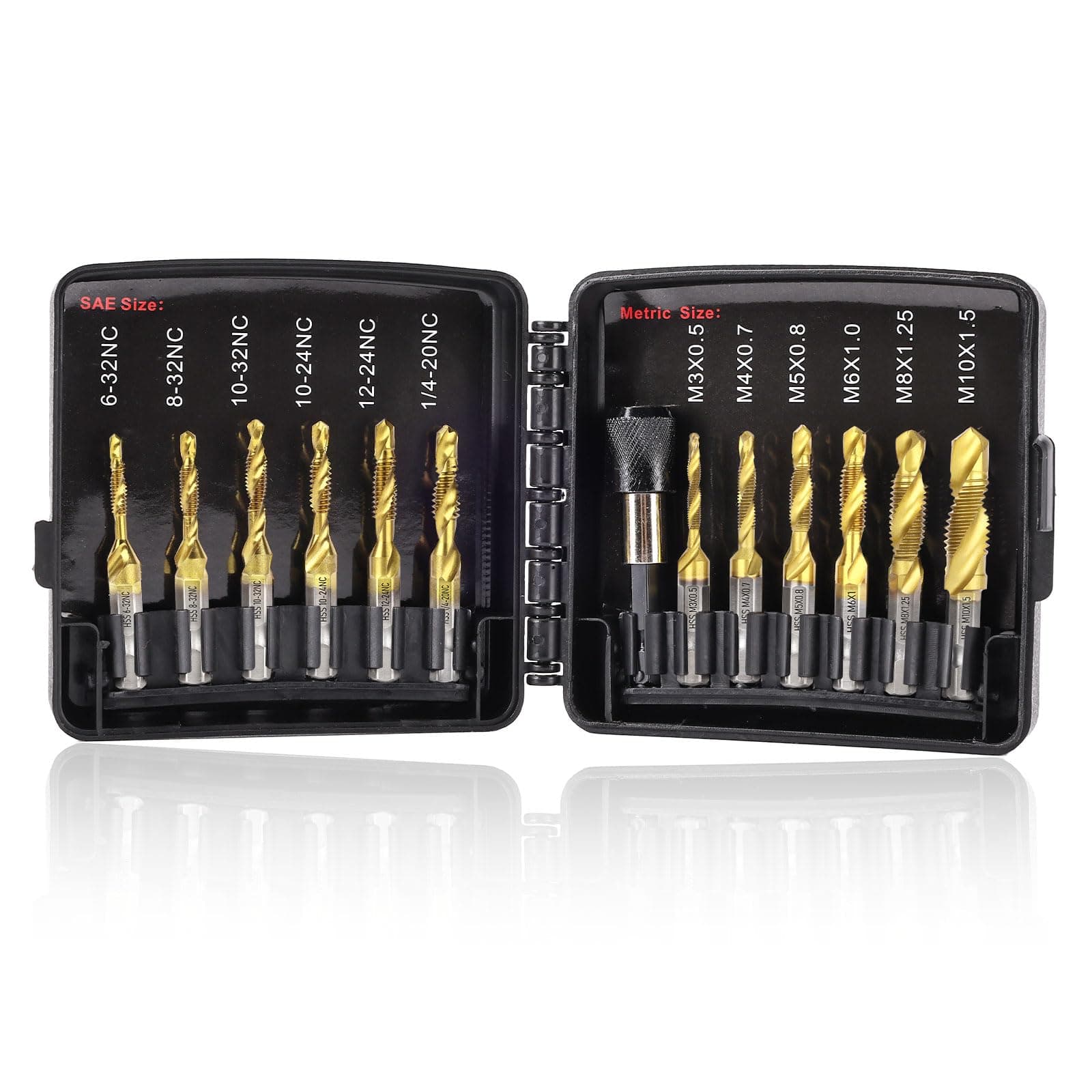 Valkynos Drill Tap Set with Quick-Change Adapter of 13Pcs, 6 SAE Sizes: 6-32NC to 1/4-20NC, 6 Metric Sizes: M3 to M10, Titanium Combination Drill & Tap Bit Set for Drilling Threads, Tapping
