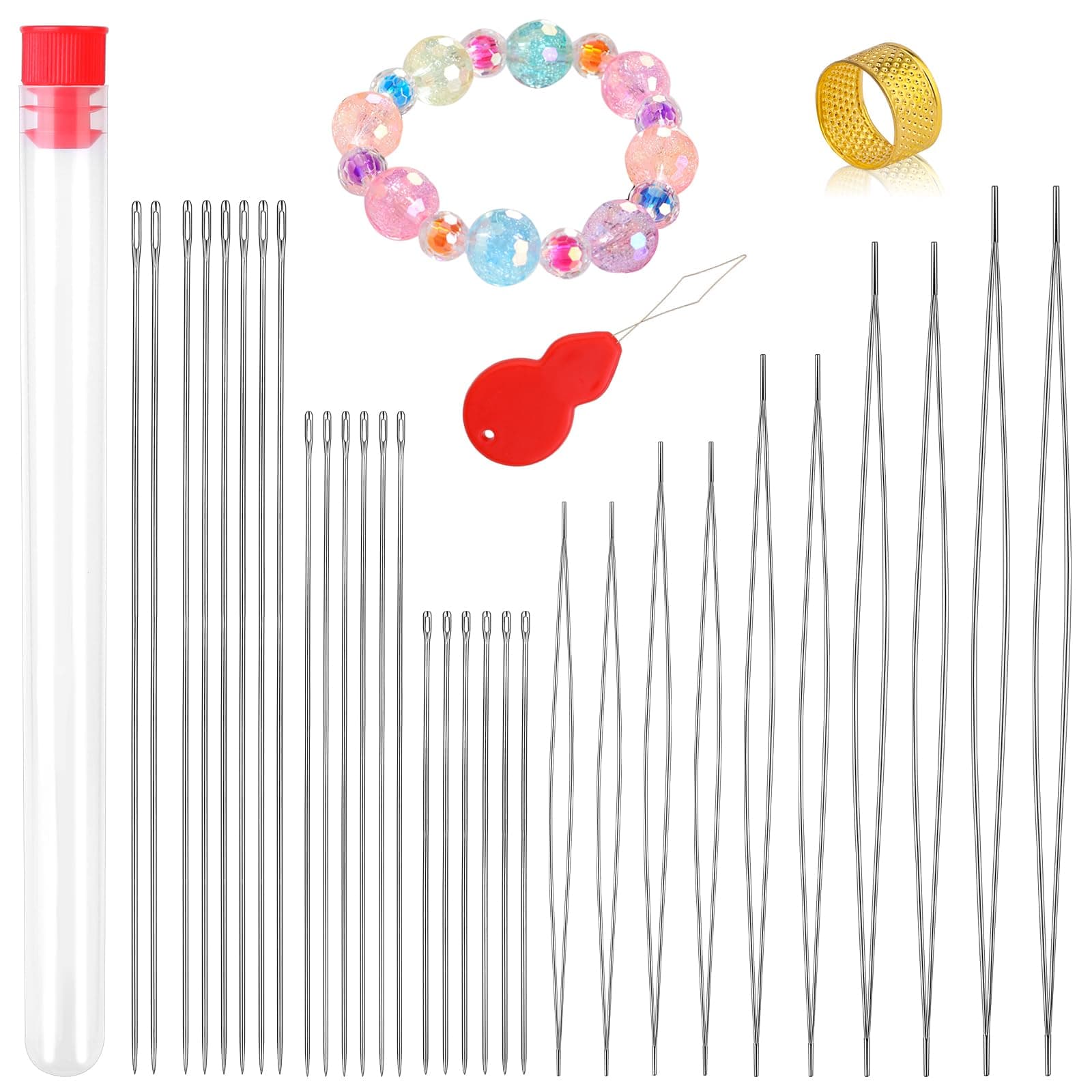 30 Pieces Beading Needles Set 5 Size 10 Pieces Big Eye Needles and 20 Pieces Long Straight Needles with Bottle for Bracelet Necklace Easy Threading