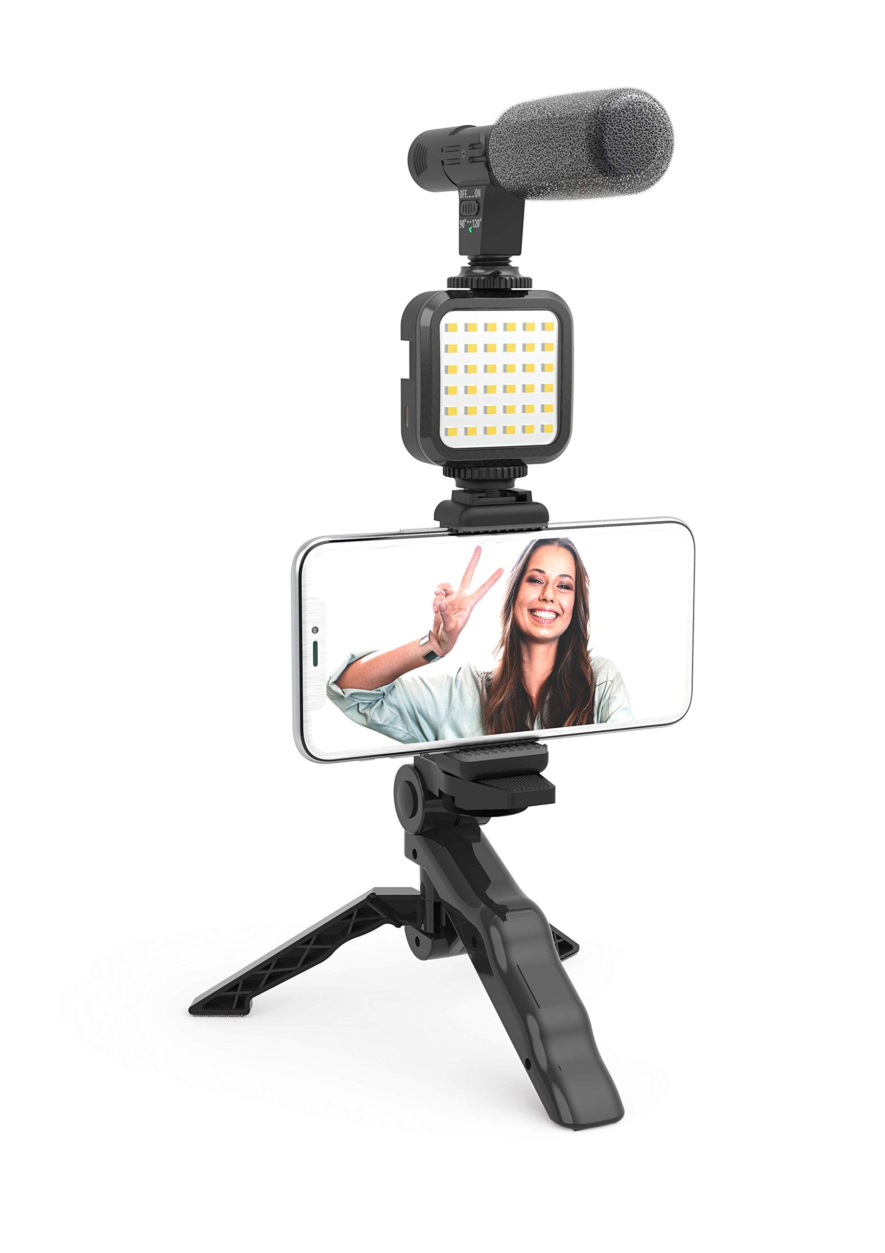 DigiPower Vlogging"Like Me" LED Video Light + Microphone + Mobile Phone Holder + Hand Grip/Mini Tripod Compatible with Smartphones for TikTok, Youtube, Live Streaming and Meetings