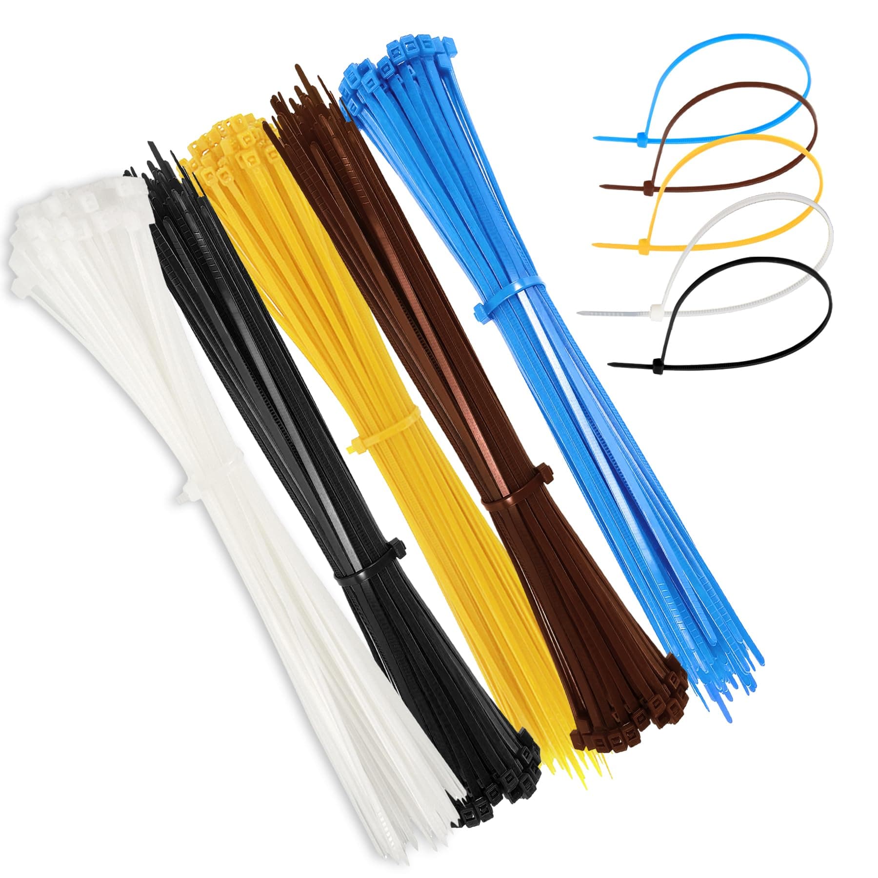 EKIND Cable Zip Ties 8 Inch - 100 Pack Self Locking Nylon Wire Ties for Electric Cables, Home, Office, Garage, Indoor and Outdoor Use (20 Pcs each, Black, White, Yellow, Blue, Brownish)