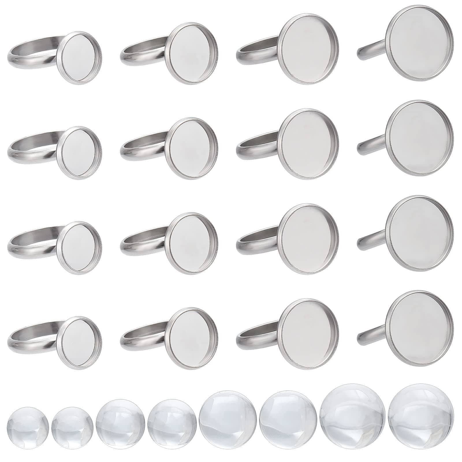 SUNNYCLUE 40Sets 80Pcs Cabochon Ring Blanks Glass Cabochons Ring Base Stainless Steel Bezel Flat Round Tray Adjustable Finger Findings for Women DIY Silver Color Making kits Supplies