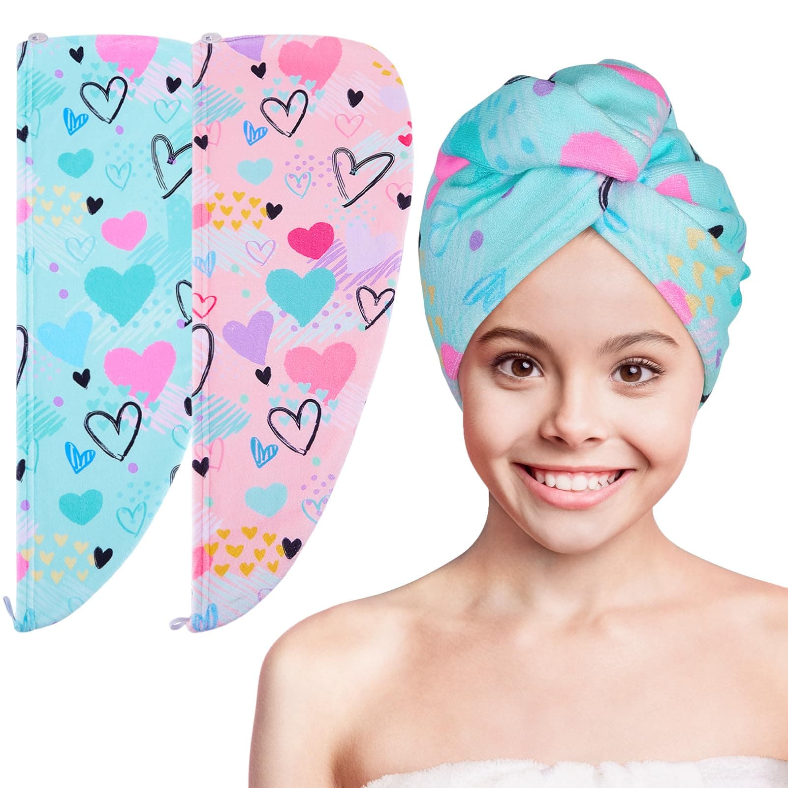 Basumee Microfiber Hair Towel Wrap for Kids 2 Pack Rapid Drying Hair Towel with Button Hair Turbans for Wet Hair Wraps Head Towel Wrap for Women and Girls, Blue