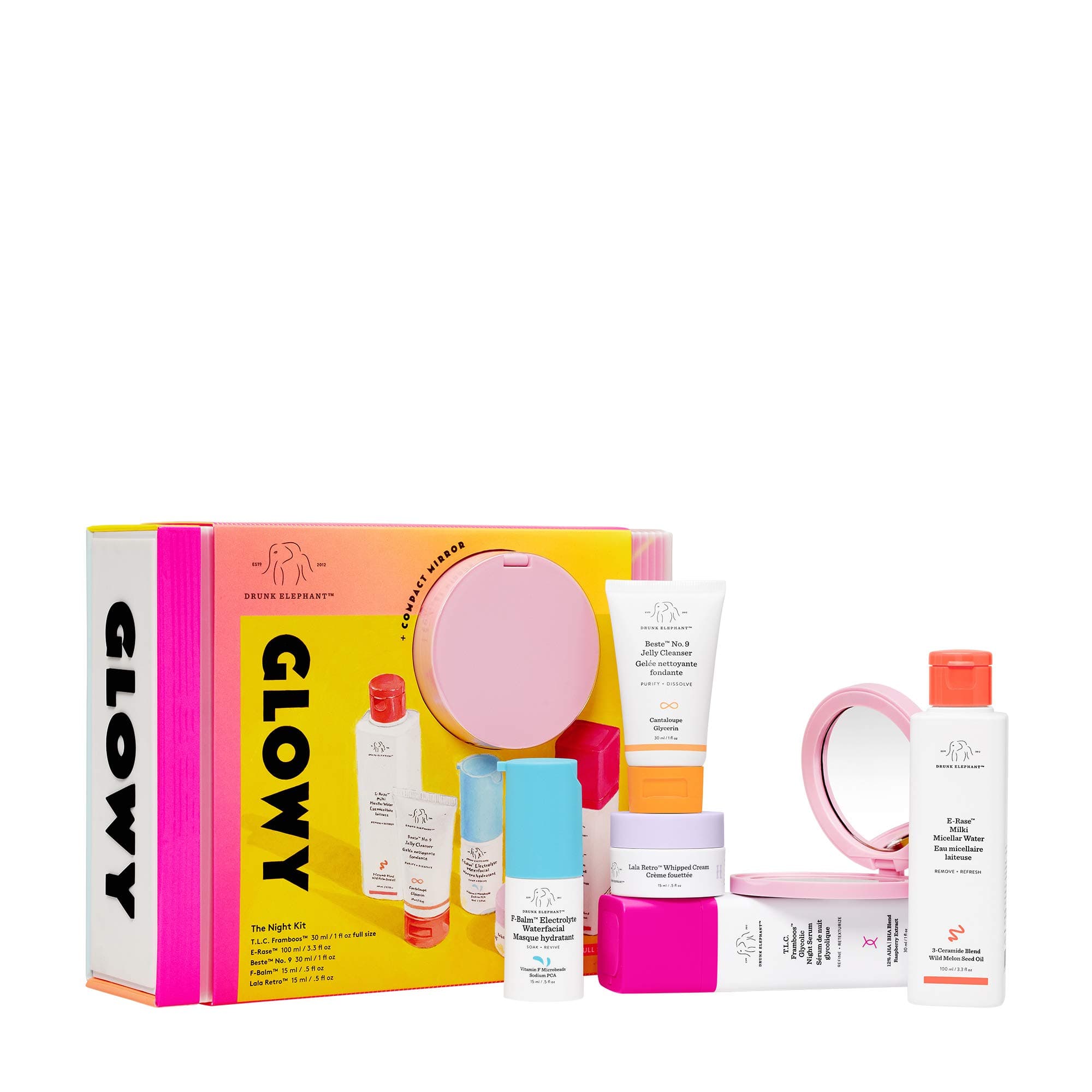 Drunk Elephant GLOWY – The Night Kit. Complete Evening Skincare Routine (Jelly Cleanser, Glycolic Night Serum, Micellar Water, Electrolyte Mask and Whipped Cream Moisturizer)
