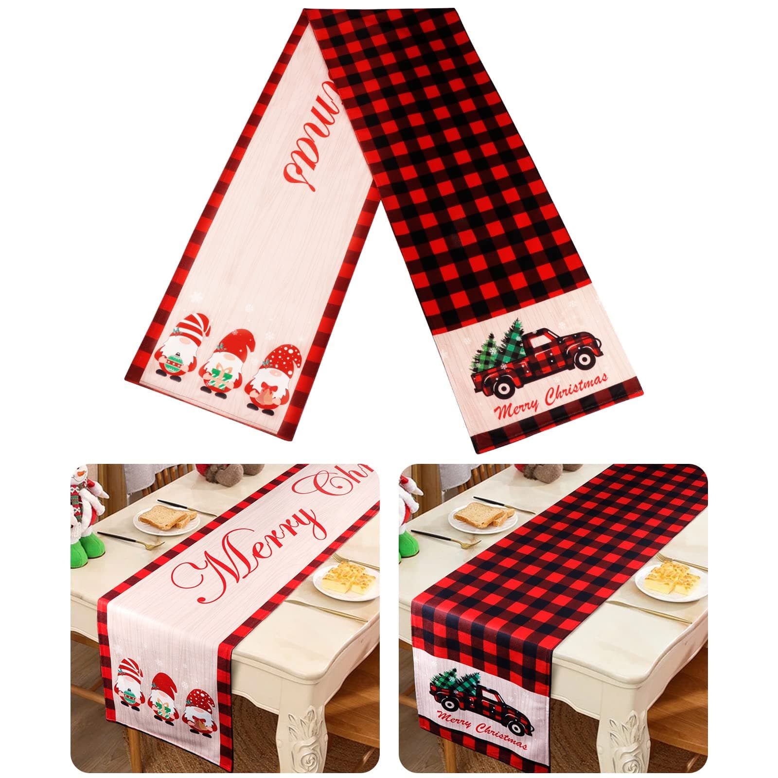AerWo Christmas Table Runner, Red and Black Buffalo Plaid Table Runners with Red Truck and Swedish Gnomes, Reversible Buffalo Check Table Runner for Christmas Holiday Table Decorations 13 x 72 Inch