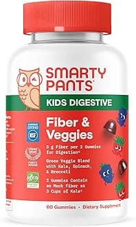SmartyPantsKids Fiber & Veggies: Prebiotic Fiber Gummies for Kids, Fiber Supplement with Inulin, Organic Green Veggie Blend, Vegan, Gluten Free, Mixed Berry Flavor, 60 Count (30 Day Supply)