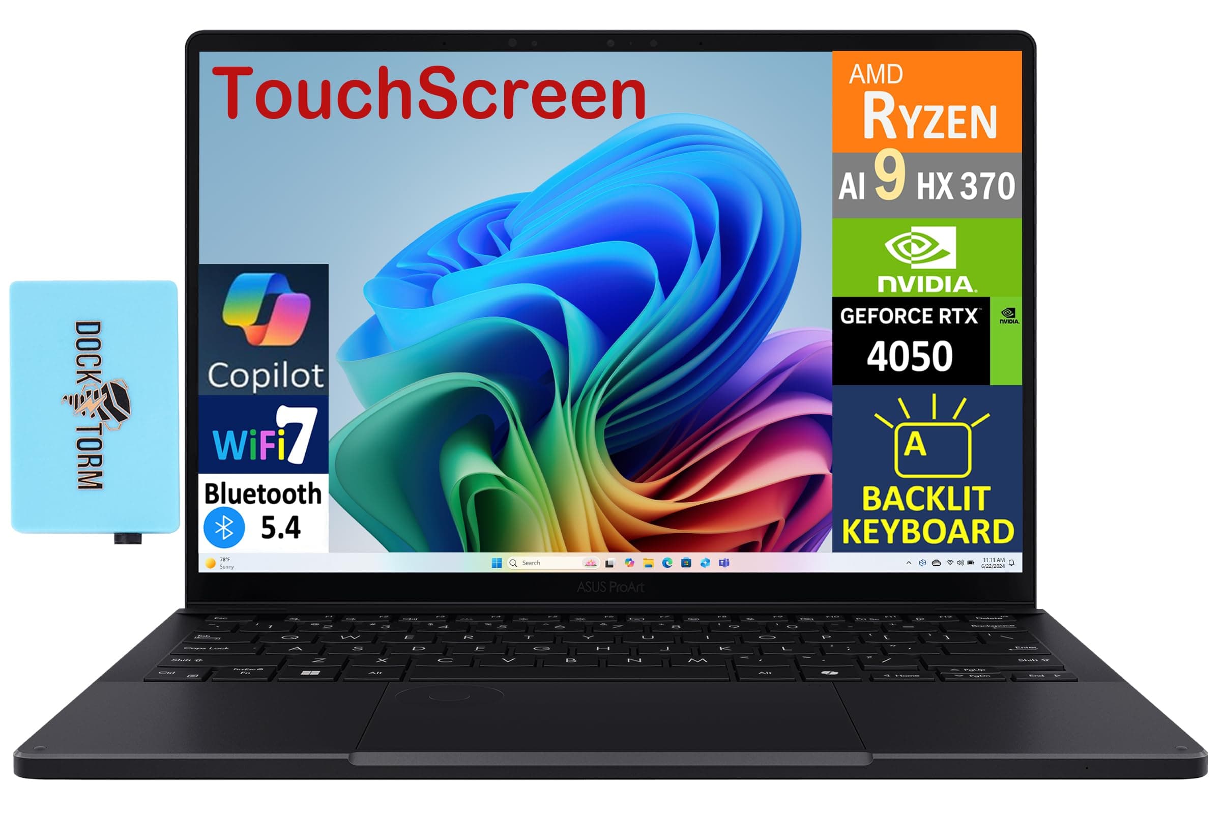 ASUS ProArt PX13 (Replace P16) 2-in-1 AI Powered Laptop 13.3" Touch OLED 3K 500 nits Display (Ryzen AI 9 HX 370, 32GB LPDDR5X, 1TB SSD, Backlit KYB, WiFi 7, BT 5.4, Win11P) w/DKZ USB Port Expander
