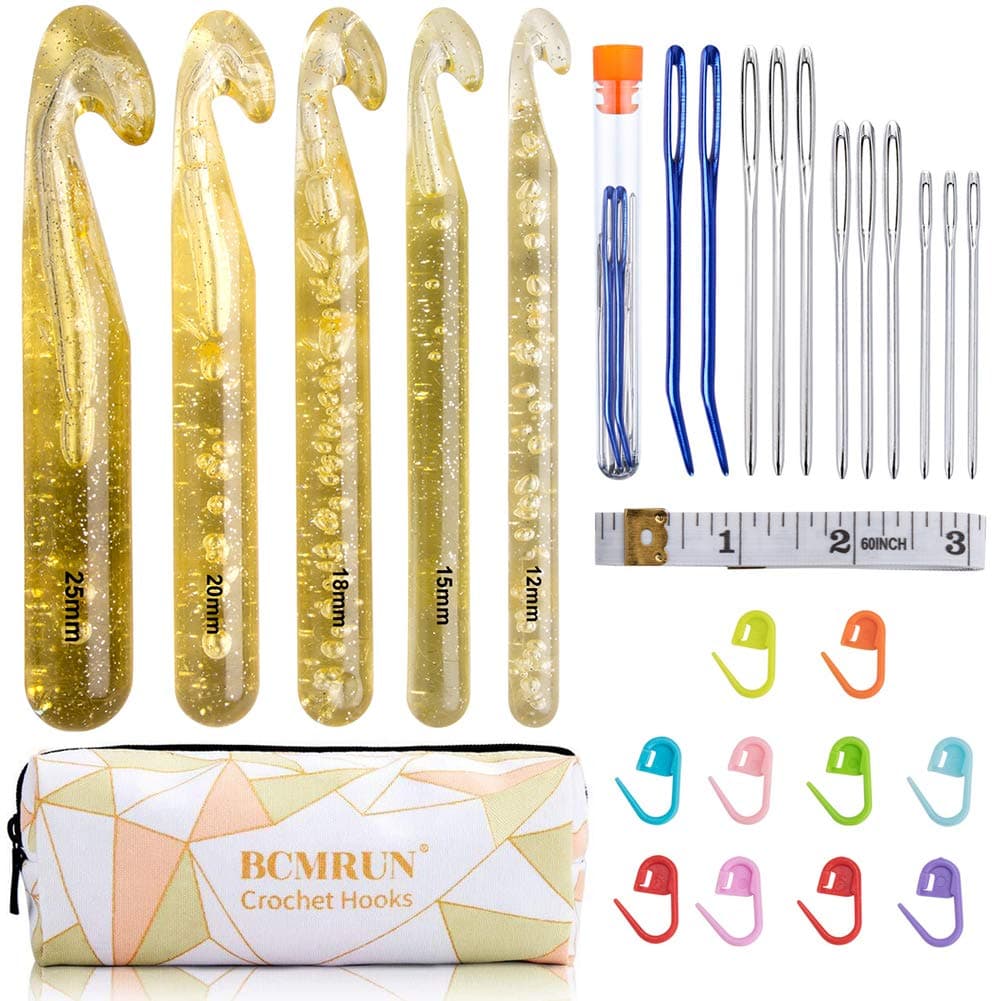 BCMRUN Large Crochet Hooks Set,5PCS 12mm(P)-25mm(U) Handcrafted Knitting Needles Kit with 11 Pieces Large-Eye Blunt Needles,Giant Yarn Hook for Rag Rugs,Shawl and Large Stitches! (A)