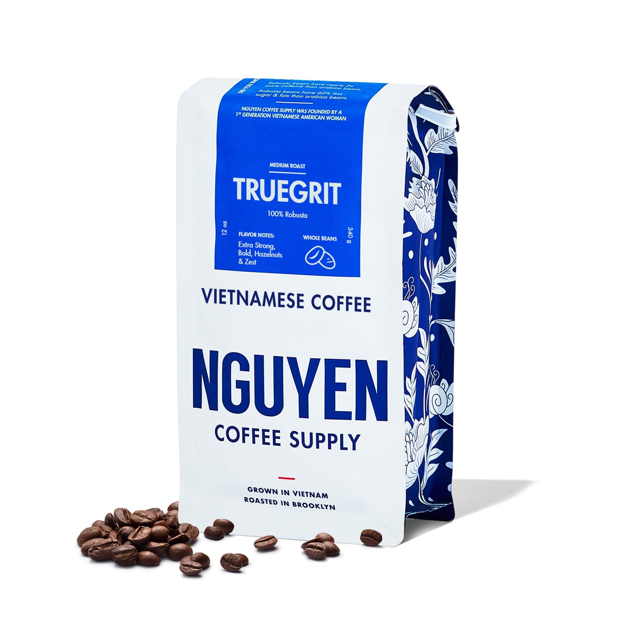 Nguyen Coffee Supply - Truegrit Robusta: Medium Roast Premium Whole Coffee Beans, Vietnamese Single Origin, Direct Trade, Low Acid with High Caffeine Content, Roasted in Brooklyn [12 oz Bag]