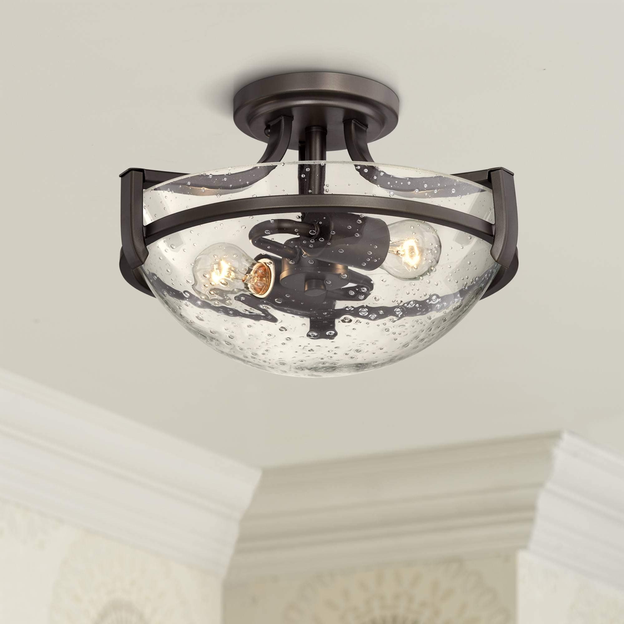 Regency Hill Mallot Modern Ceiling Light Semi Flush Mount Fixture 13" Wide 2-Light Oil Rubbed Bronze Clear Seedy Glass Bowl Shade for Bedroom Hallway Living Room Dining Room Bathroom Kitchen