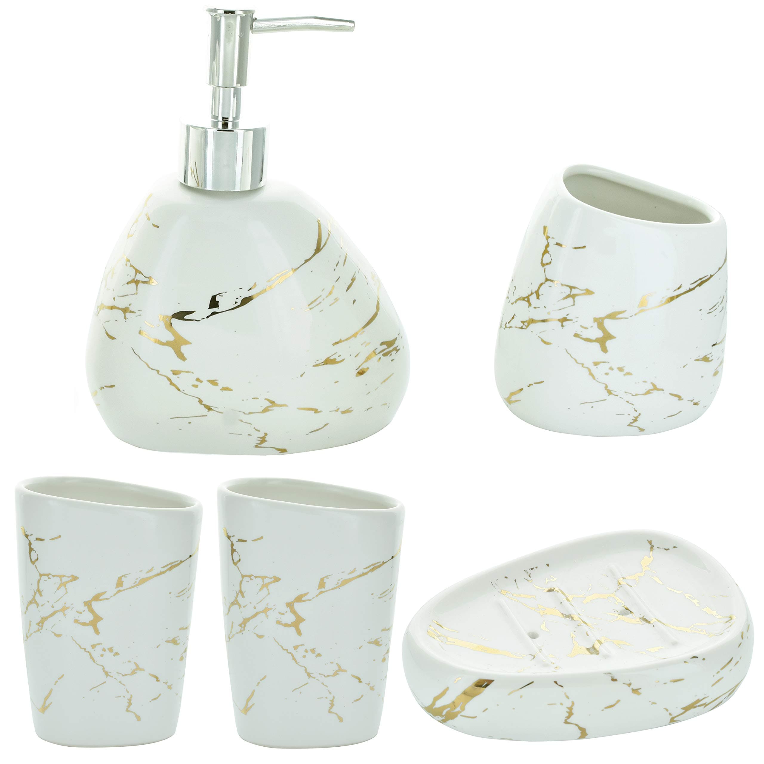 Designer 4-Piece Matt Cream White and Silver Marble Effect Ceramic Bathroom Accessory, Includes Liquid Soap or Lotion Dispenser, Toothbrush Holder, Tumbler, Soap Dish (White and Gold Marble)
