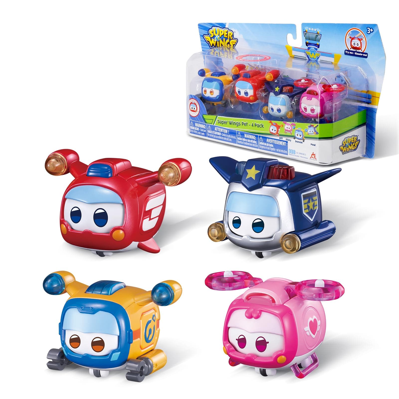 Super Wings 4 PCS Super Pet Sets, Glow and Face-Changing Transformer Jett Donnie Paul Dizzy Pet, Stacking Toy for Toddlers Kids 3-7 Years Old