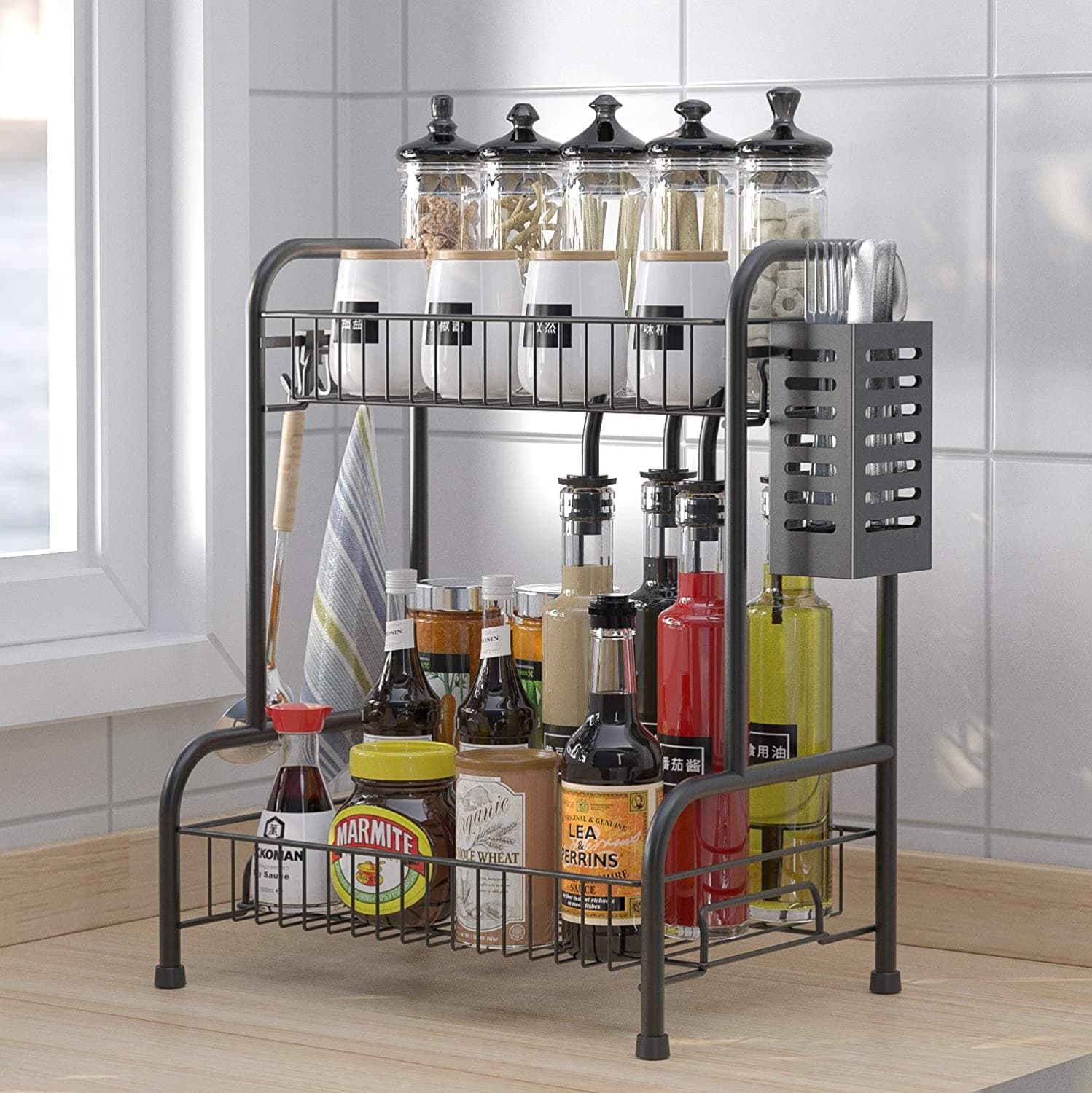 Lenosed Kitchen Shelf Organizer Countertop,2-Tier Spice Rack Organizer with Cutlery Chopsticks Storage Shelf, Kitchen Rack Organizer for Spice Can Sauce Jars Bottle With 3 Hooks (Black) (Classic)