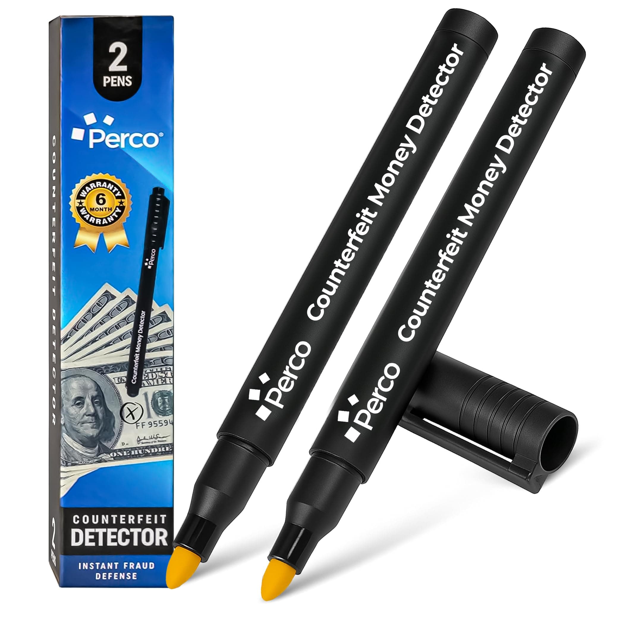 Perco Counterfeit Money Detector Pen (2 Pack) - Easy to Use and Reliable Universal Currency Fake Bill Checker for Personal & Commercial Use - Ensures Authenticity & Prevents Fraud