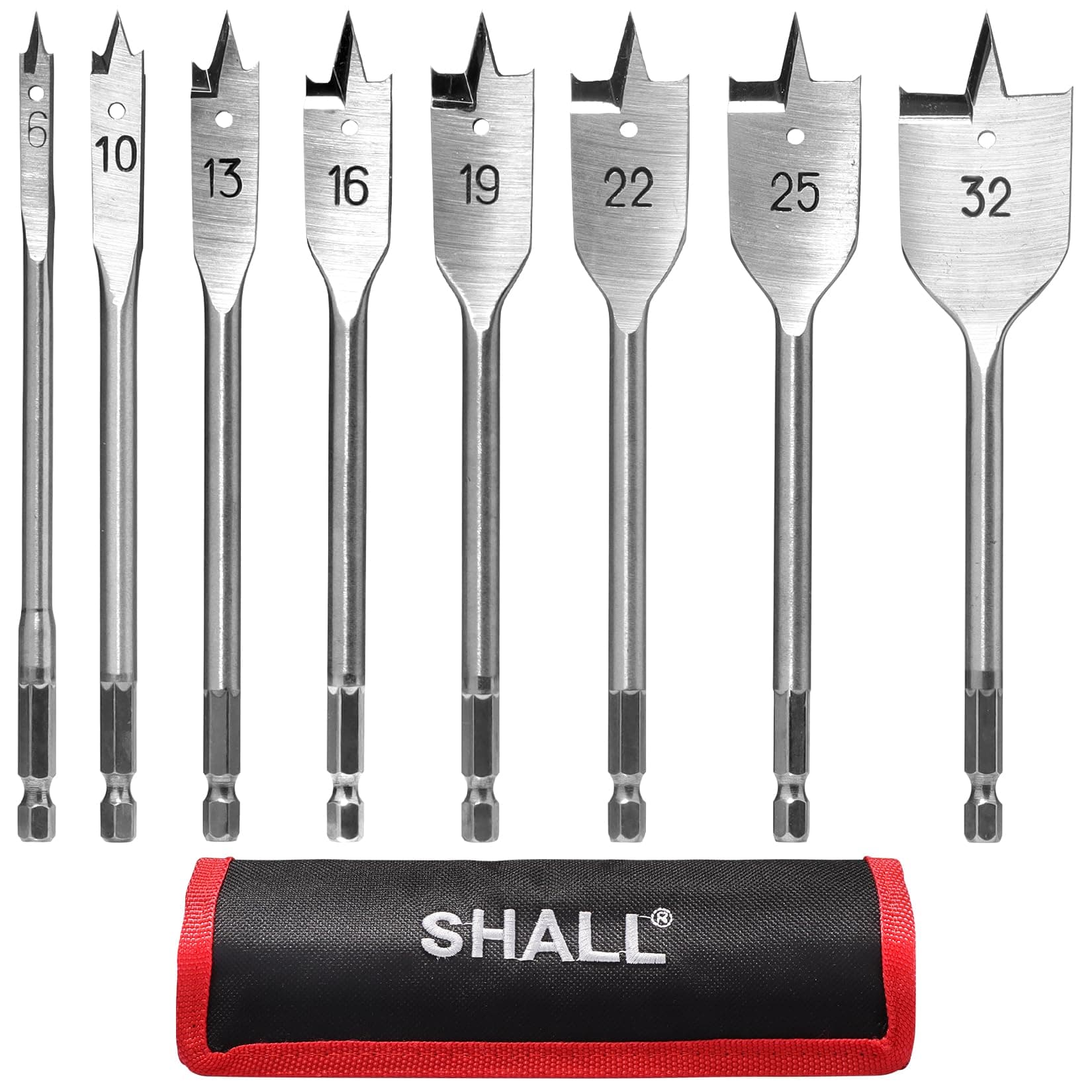 SHALL 8-Piece Wood Spade Drill Bits Set, 1/4 Inch Quick Change Hex Shank, Ø 6-32 mm, Flat Wood Drill Bit, Storage Pouch Included