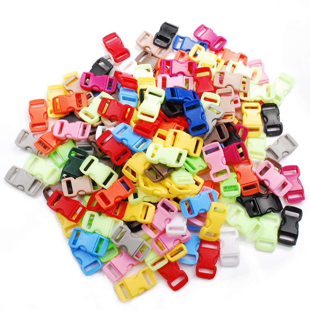 CooBigo 100 Pack Assorted Clear Colorful 3/8" Curve Contoured Side Release Buckle for Parachute Paracord Bracelet Pets Collar