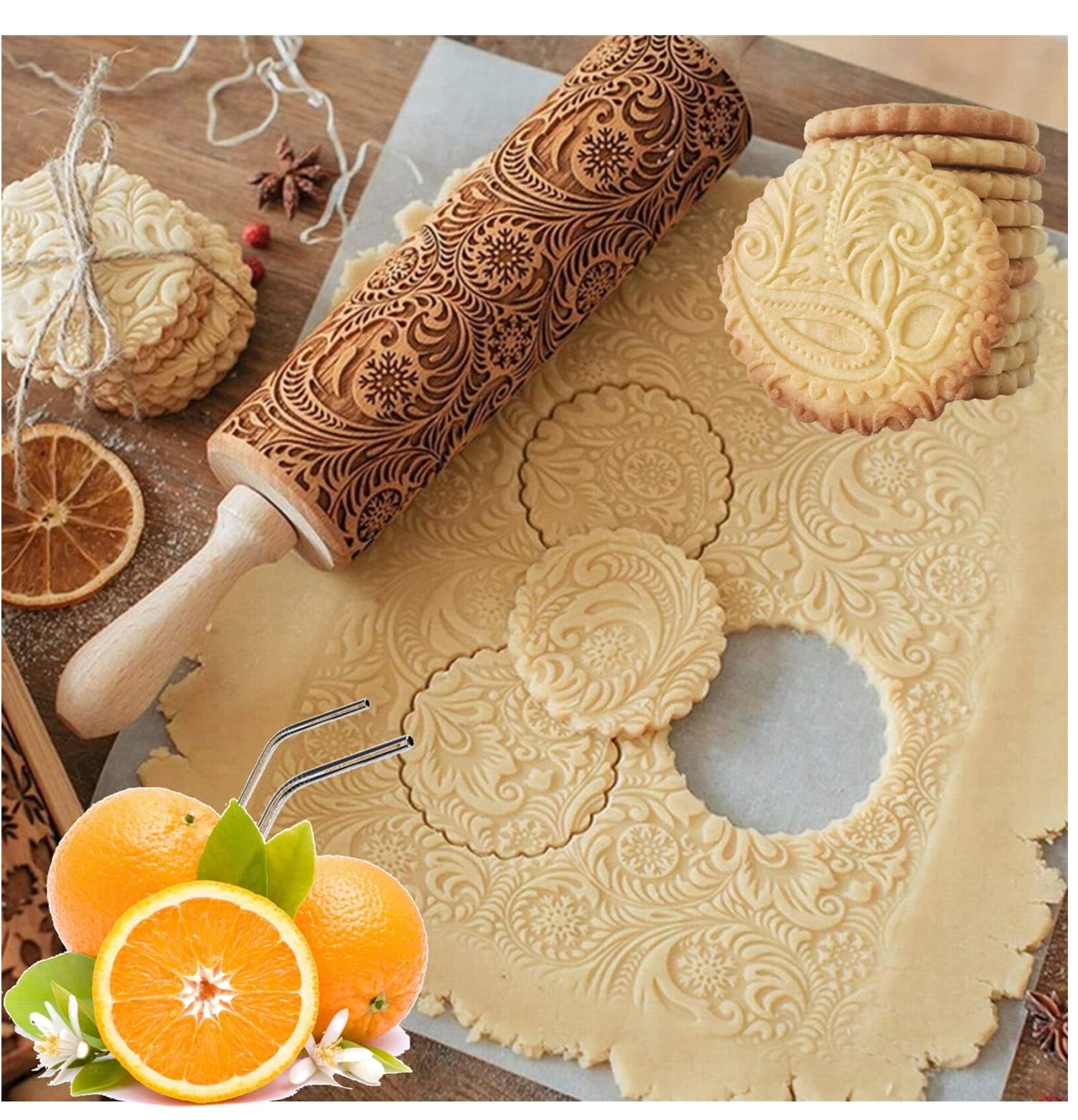 Paisley Embossed Rolling Pin - 5 PACK, Cup Pad + 2pcs Metal Drinking Straws, 16" Engraved Rolling Pin for Baking + Cute and Lightweight Wooden Rolling Pin for Kids and Adults to Make Cookie Dough