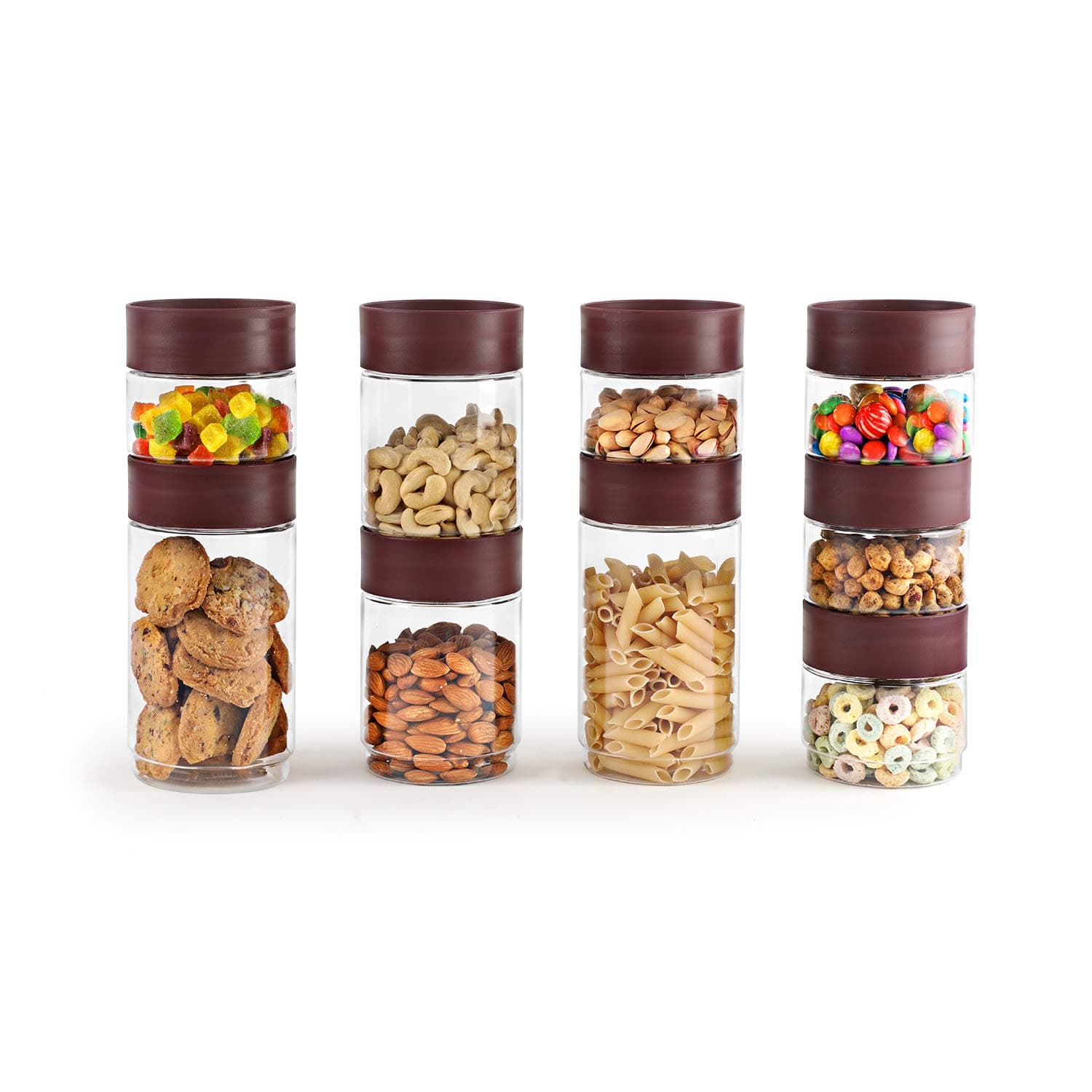 CELLO Modustack Storage Container Jar Set of 9 (500mlx5, 750mlx2, 1000mlx2), Maroon | Food Grade, Stackable, See Through Pet Organizer | For Storage of Food, Pulses, Spice, Cereals, Cookies, Dry Food