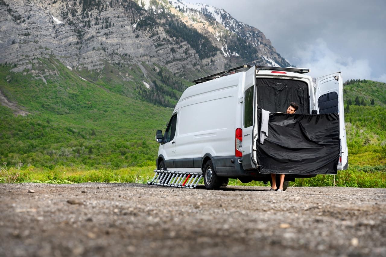 Adjustable Rear Door Shower/Changing Curtain with Side Privacy Panels for Mercedes-Benz Sprinter, Ford Transit, Ram Promaster Vans