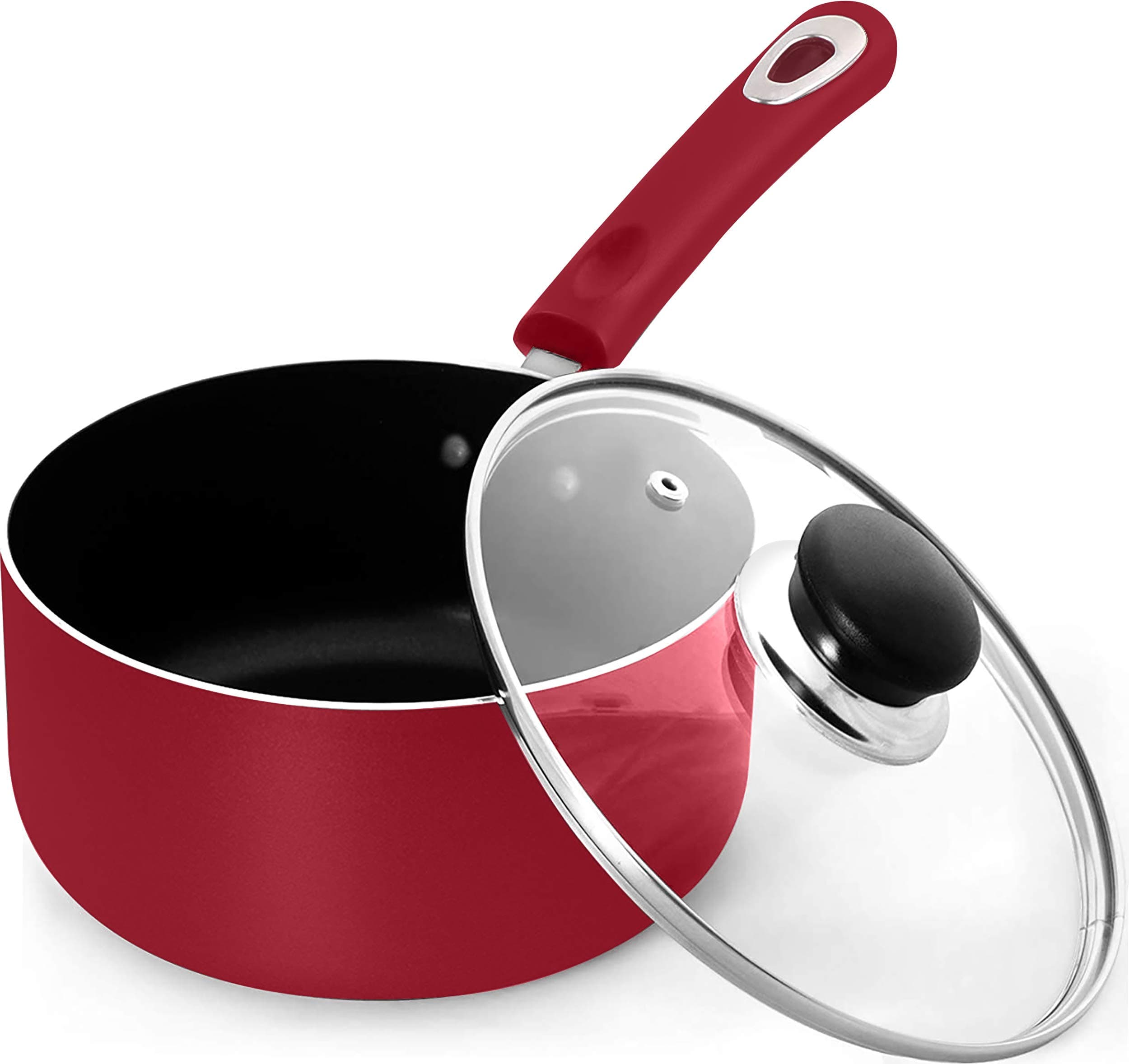 Utopia Kitchen2 Quart Detachable handle Nonstick Saucepan with Glass Lid, Multipurpose Use for Home, Kitchen or Restaurant, Red & Black