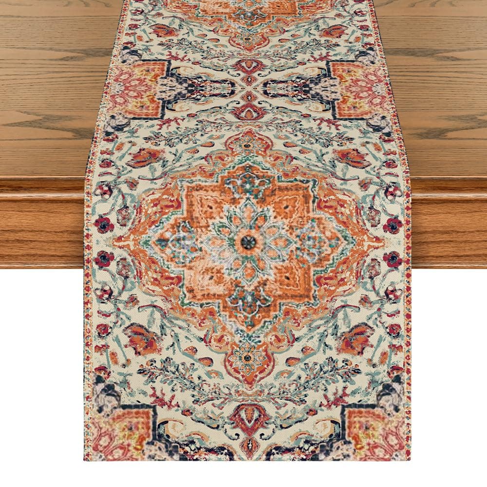 Artoid Mode Boho Bohemia Style Orange Table Runner, Country Rustic Farmhouse Magical Fall Kitchen Dining Table Decoration for Home Party Decor 13x108 Inch